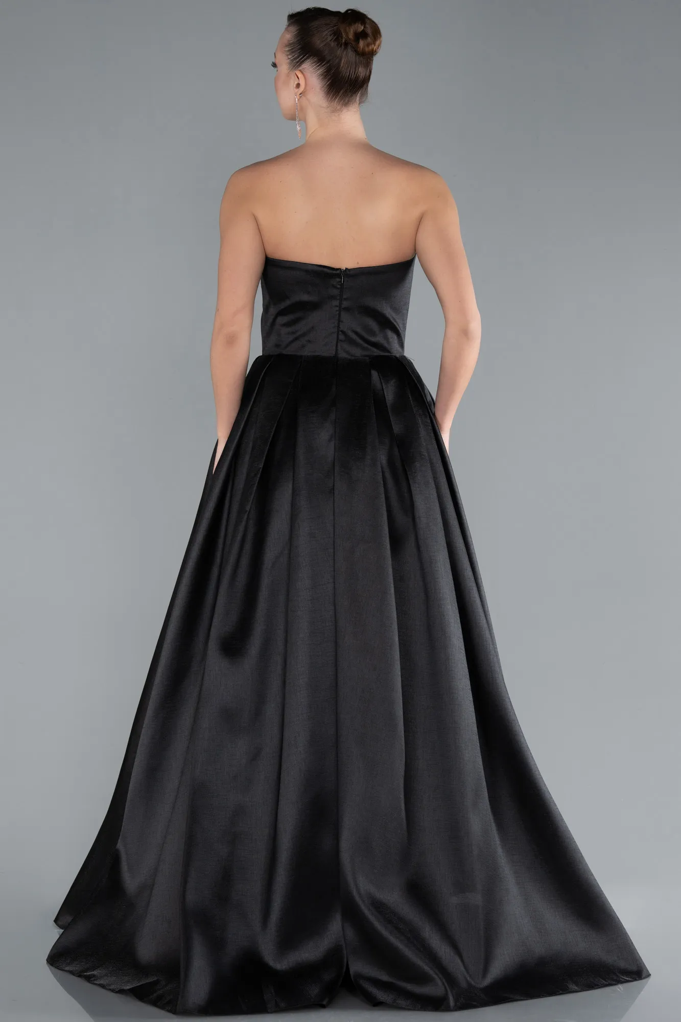 Black-Stoned Strapless Underwire Corset Long Satin Prom Dress ABU4742