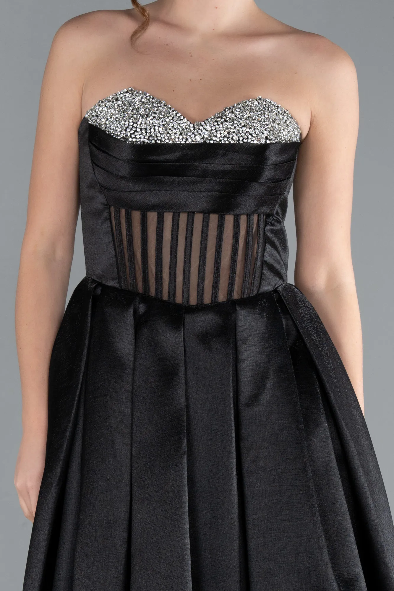 Black-Stoned Strapless Underwire Corset Long Satin Prom Dress ABU4742