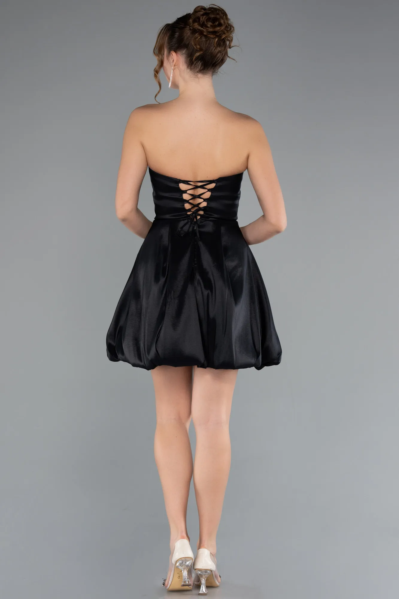 Black-Strapless Balloon Skirt Short Prom Dress ABK2360