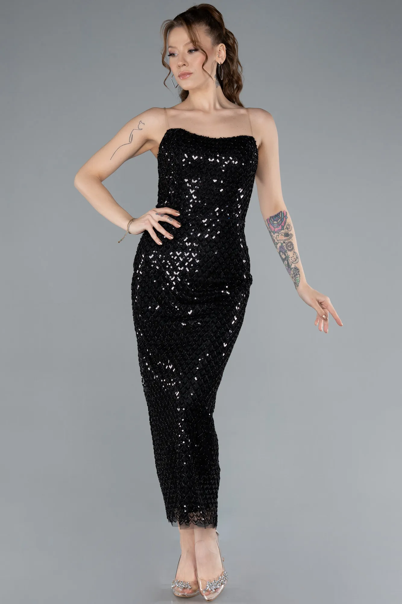 Black-Strapless Beaded Midi Cocktail Dress ABK2260
