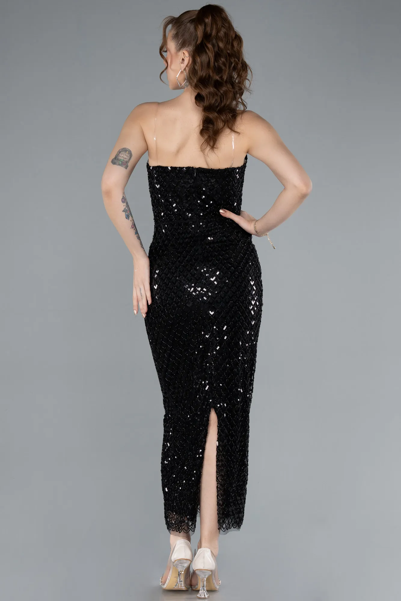 Black-Strapless Beaded Midi Cocktail Dress ABK2260