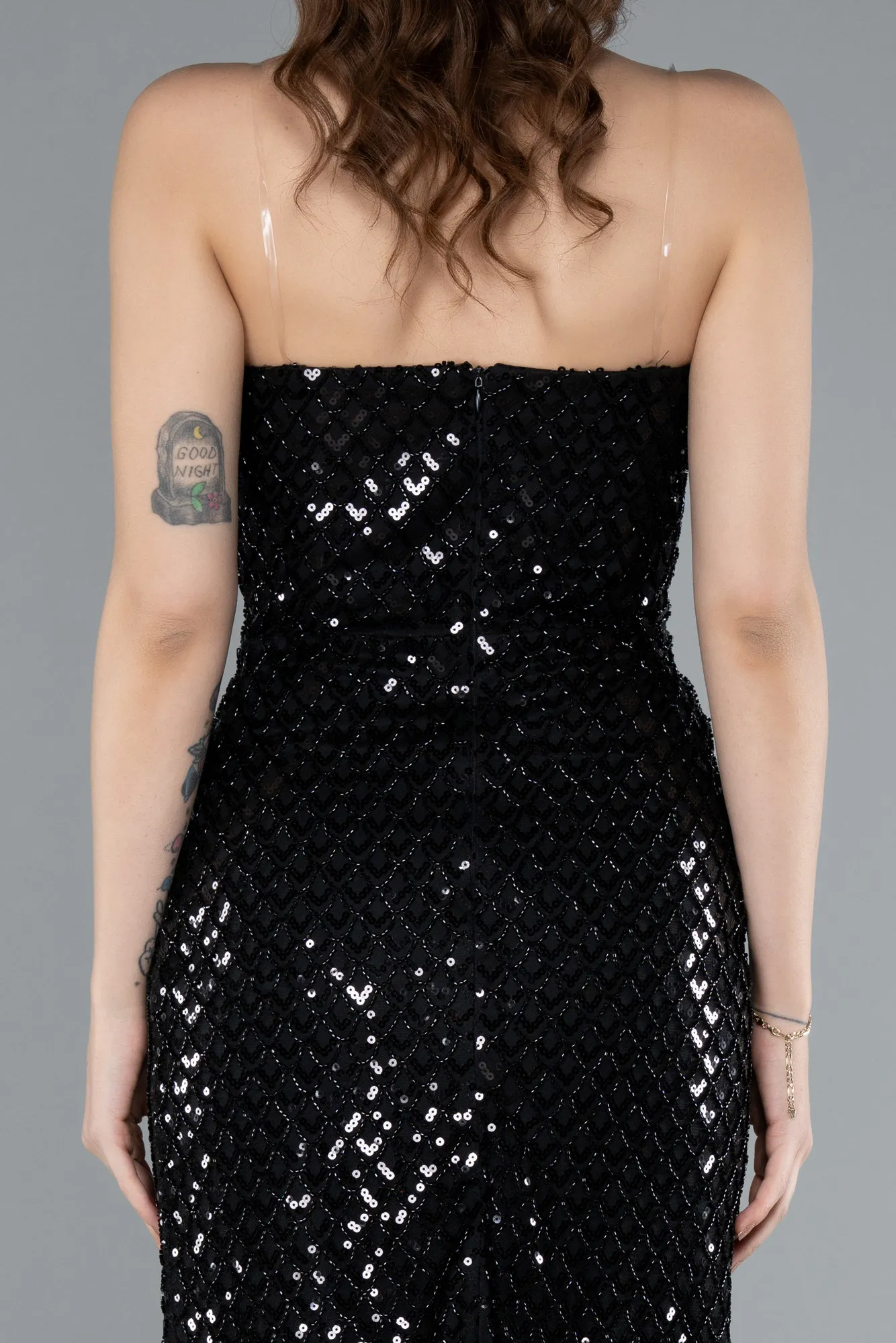 Black-Strapless Beaded Midi Cocktail Dress ABK2260