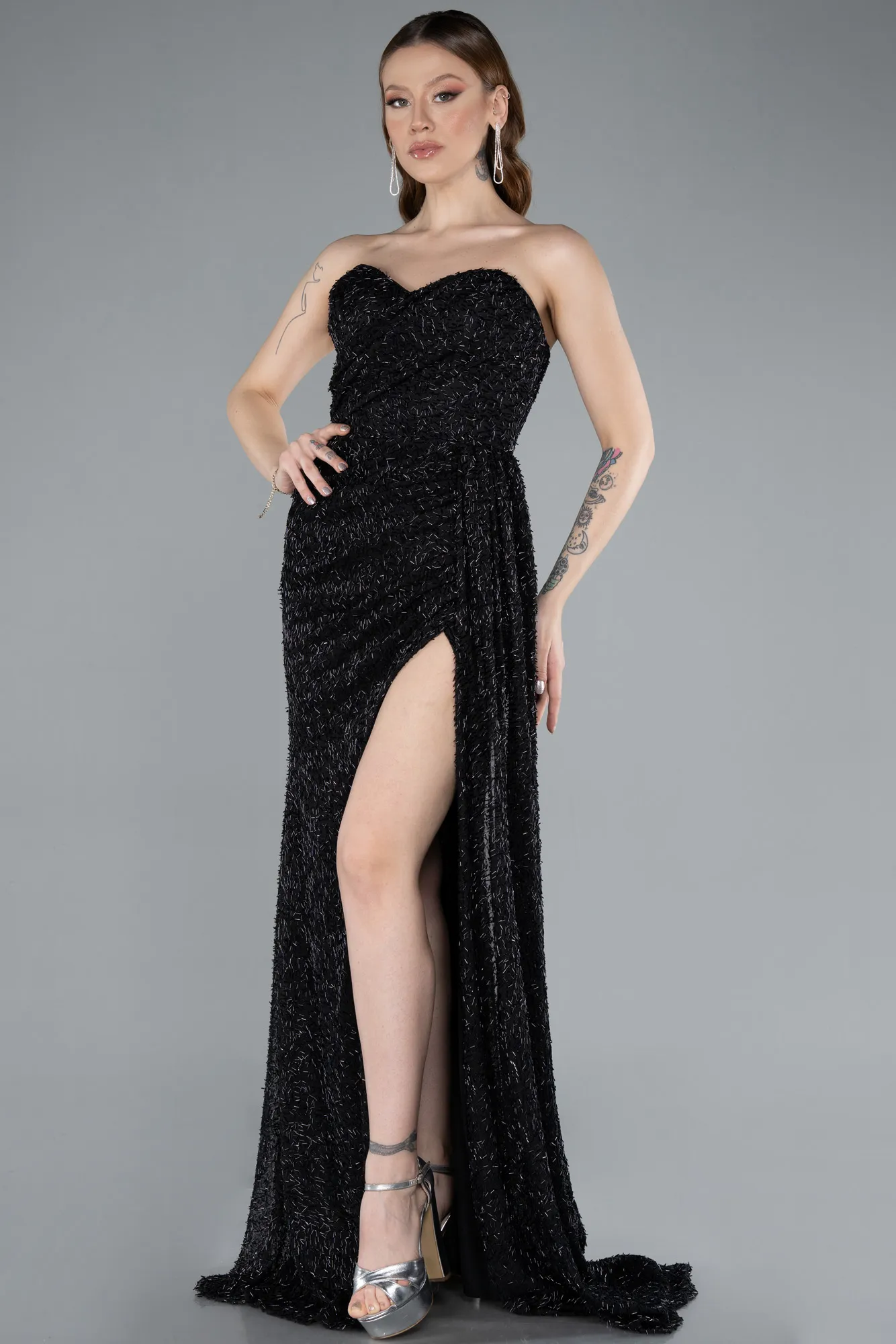 Black-Strapless Beaded Slit Long Evening Gown ABU4871