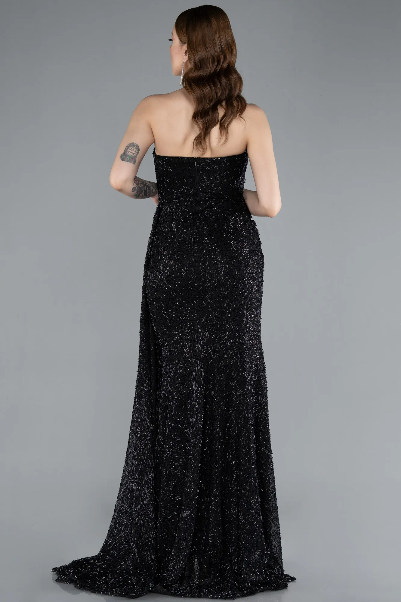Black-Strapless Beaded Slit Long Evening Gown ABU4871