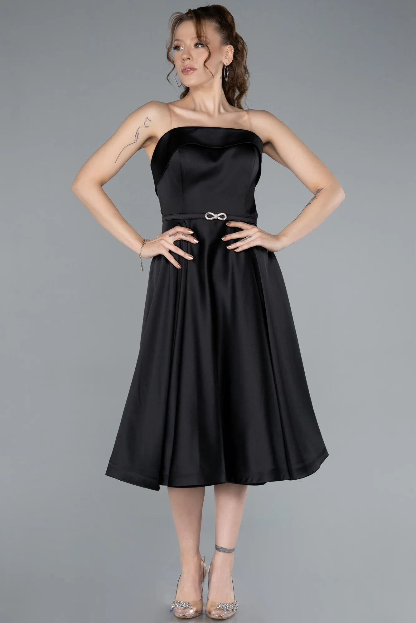 Black-Strapless Belted Midi Satin Party Dress ABK2269
