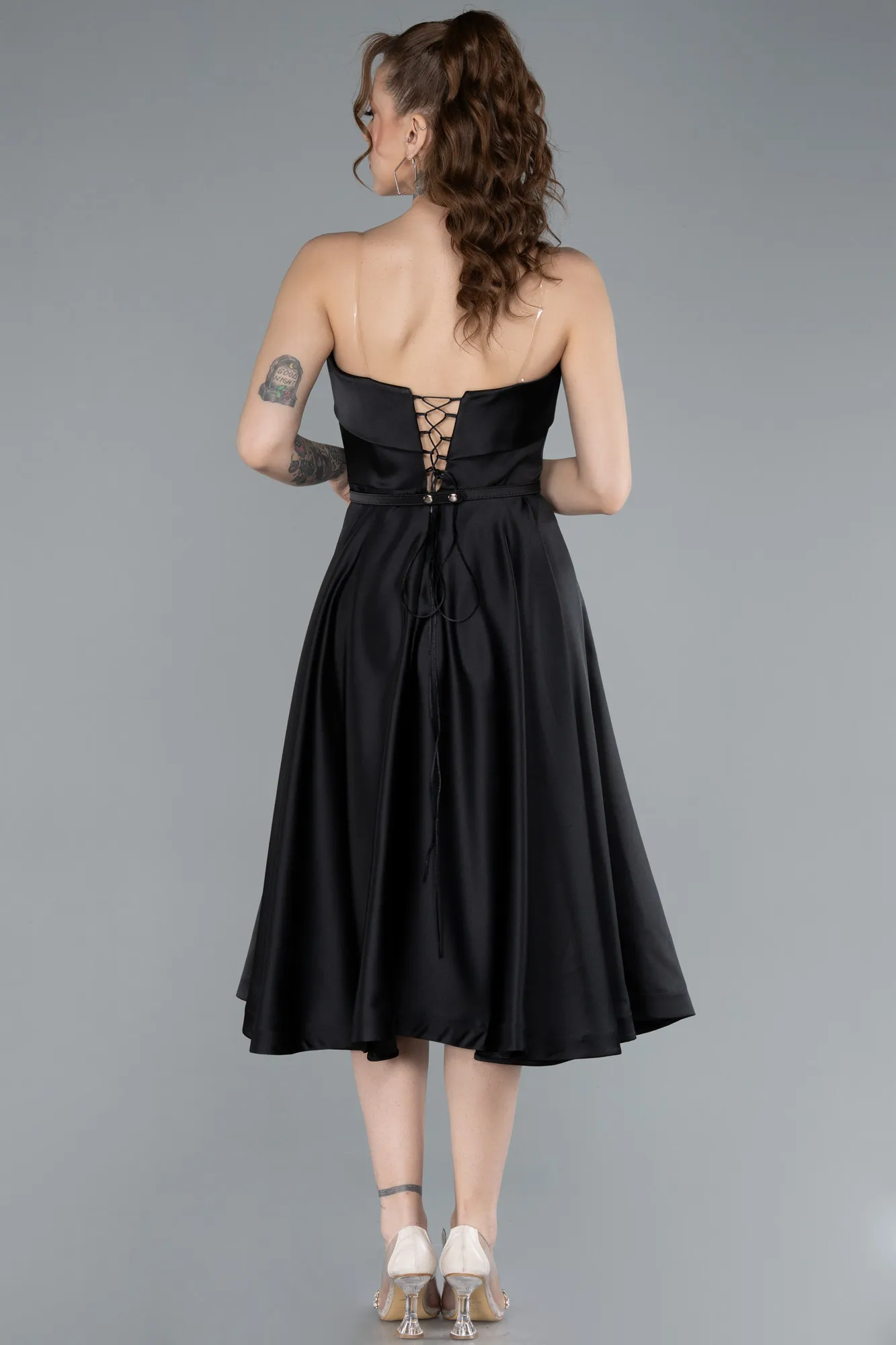 Black-Strapless Belted Midi Satin Party Dress ABK2269