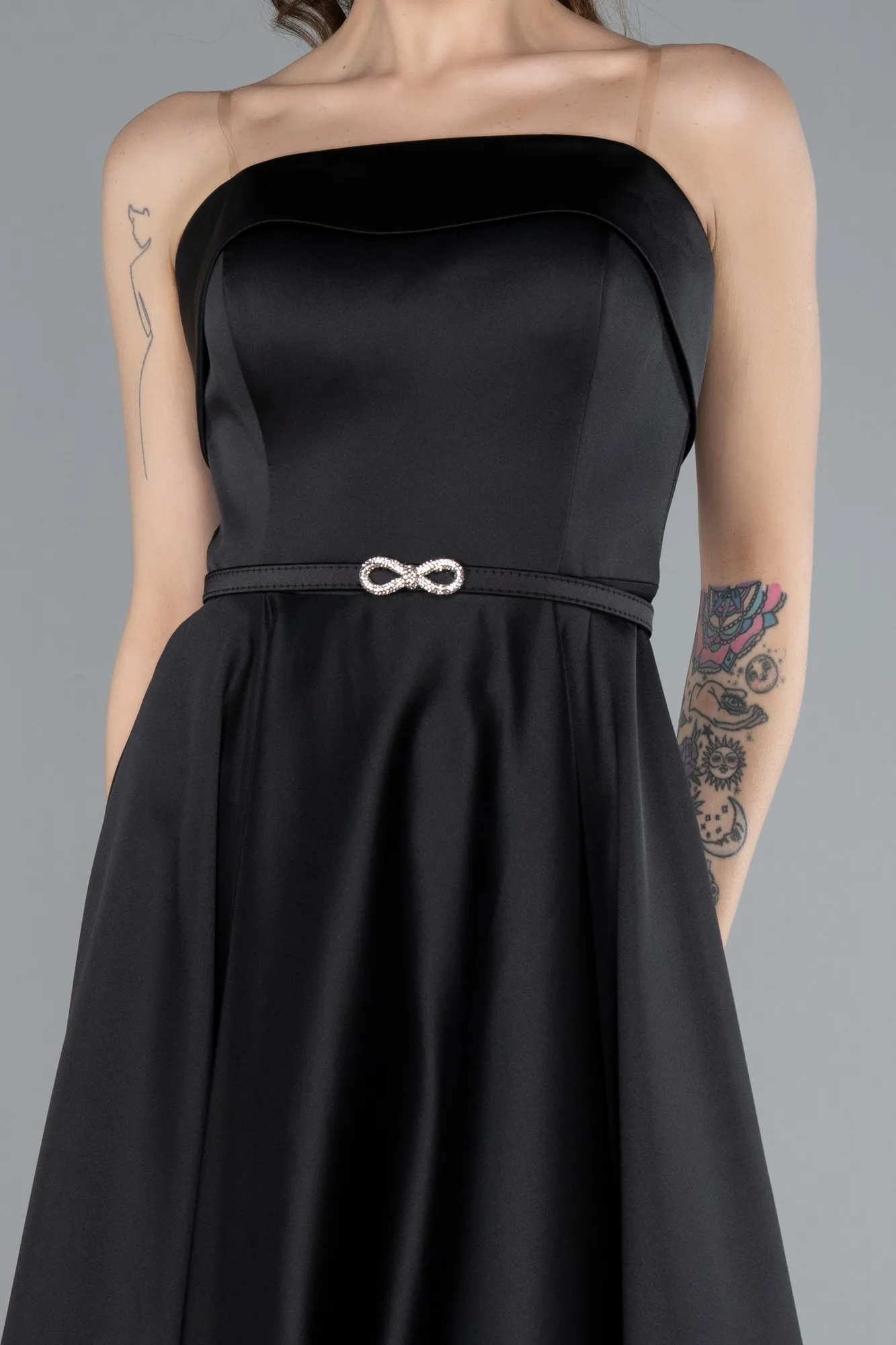 Black-Strapless Belted Midi Satin Party Dress ABK2269