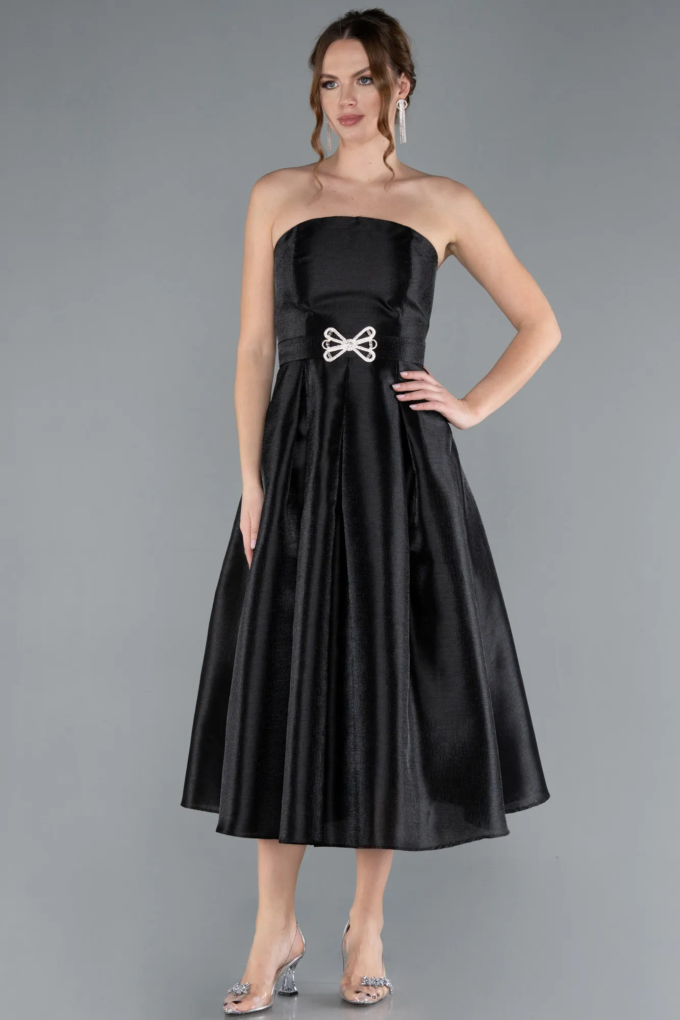 Black-Strapless Belted Midi Taffeta Party Dress ABK2287