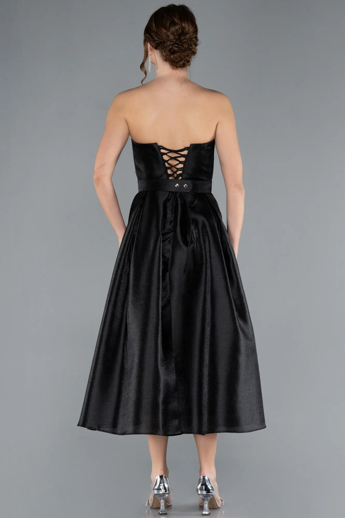 Black-Strapless Belted Midi Taffeta Party Dress ABK2287
