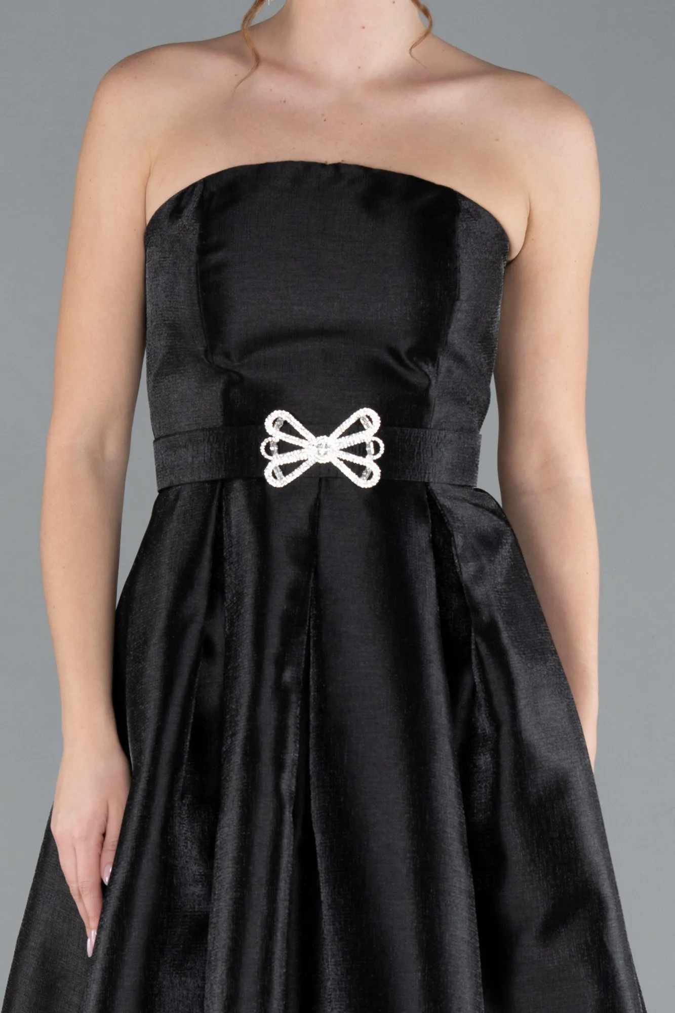 Black-Strapless Belted Midi Taffeta Party Dress ABK2287