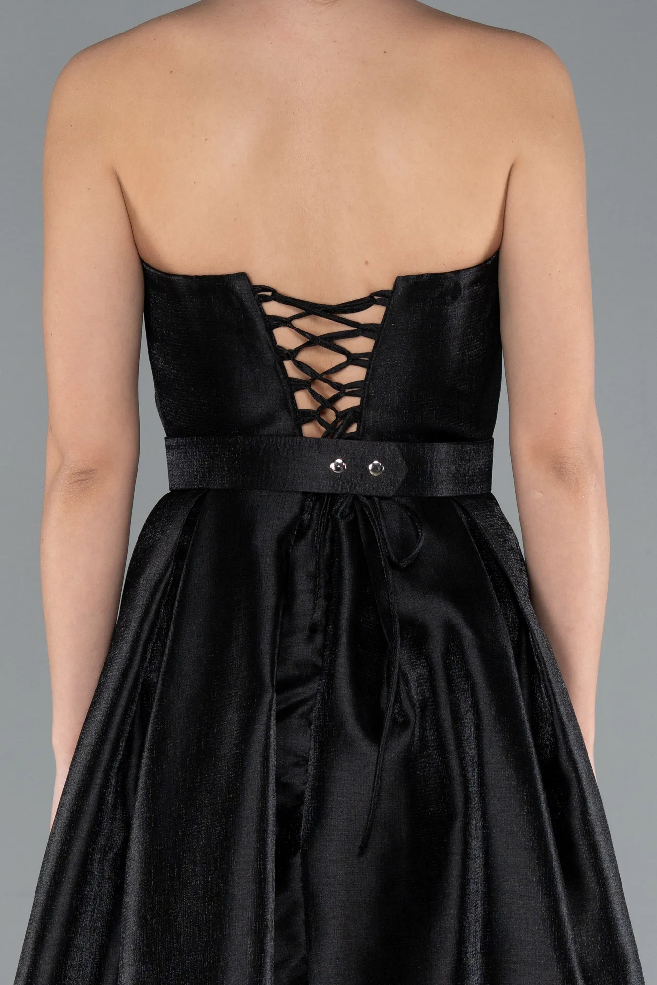 Black-Strapless Belted Midi Taffeta Party Dress ABK2287