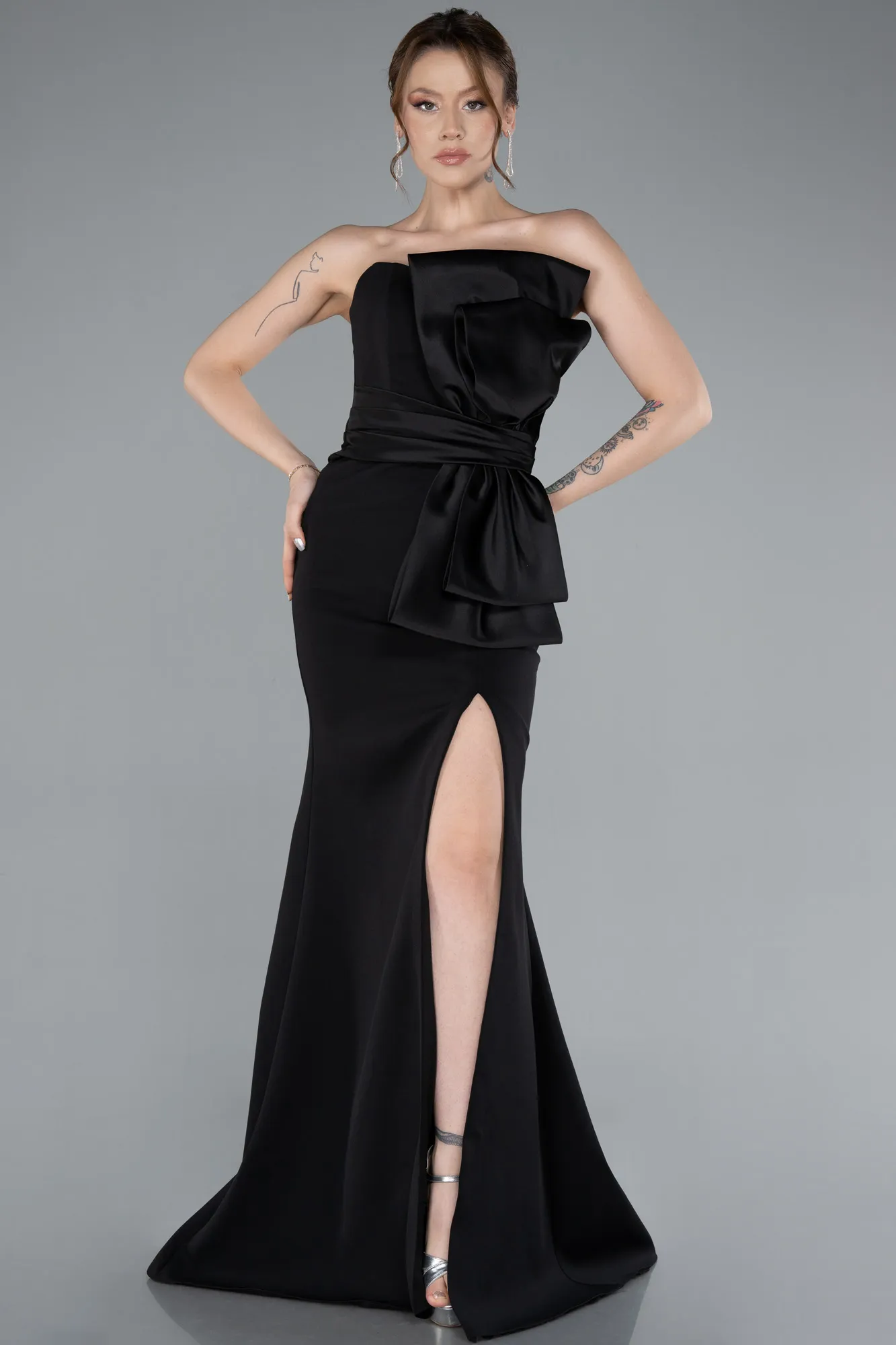 Black-Strapless Bow Deay Slit Long Evening Gown ABU4798