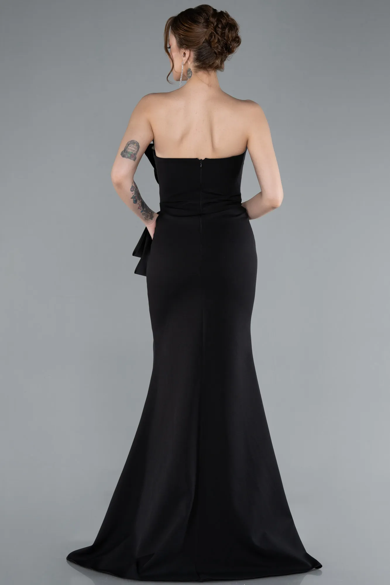 Black-Strapless Bow Deay Slit Long Evening Gown ABU4798