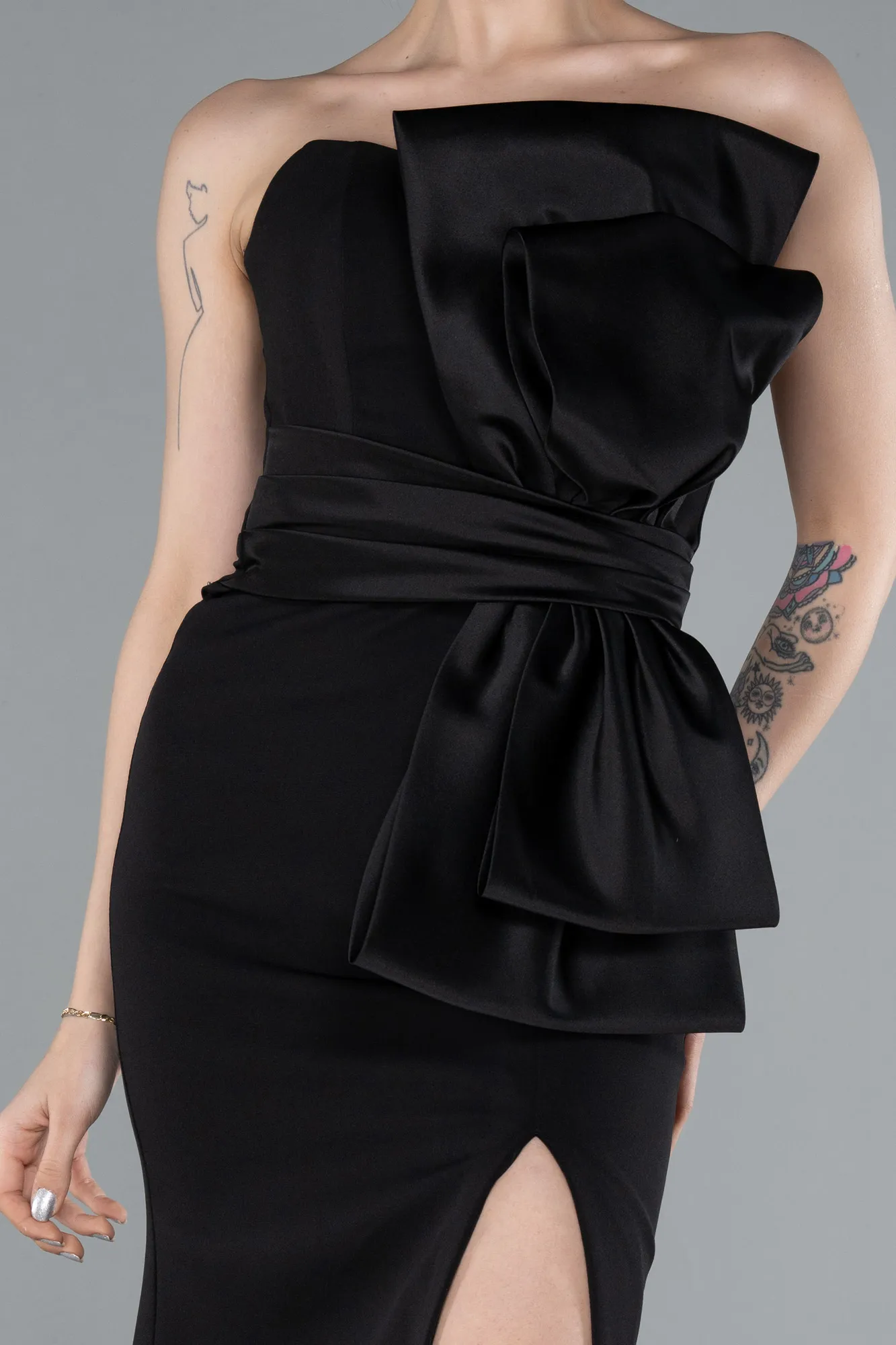 Black-Strapless Bow Deay Slit Long Evening Gown ABU4798