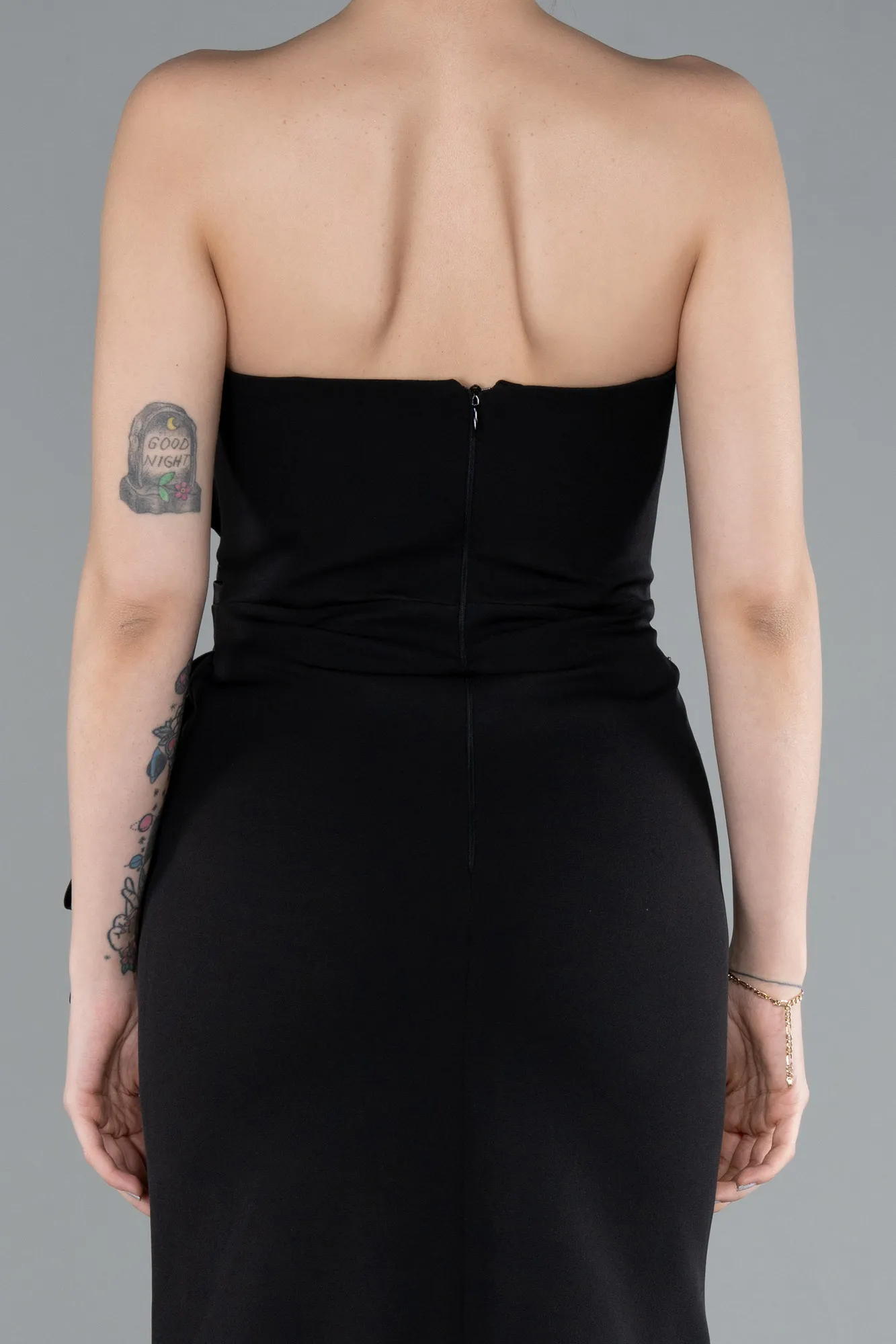 Black-Strapless Bow Deay Slit Long Evening Gown ABU4798