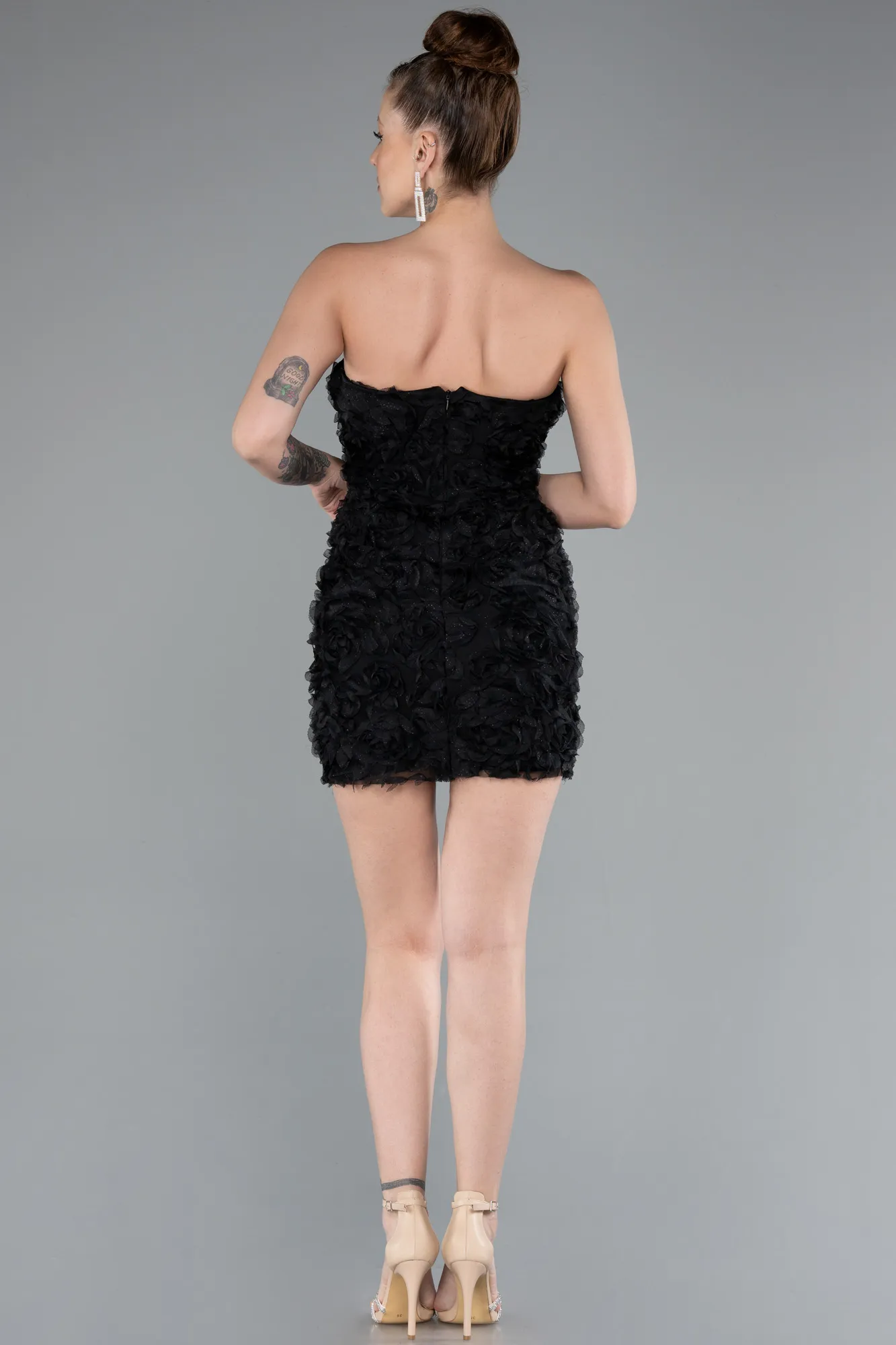 Black-Strapless Floral Applique Mini Party Dress ABK2359