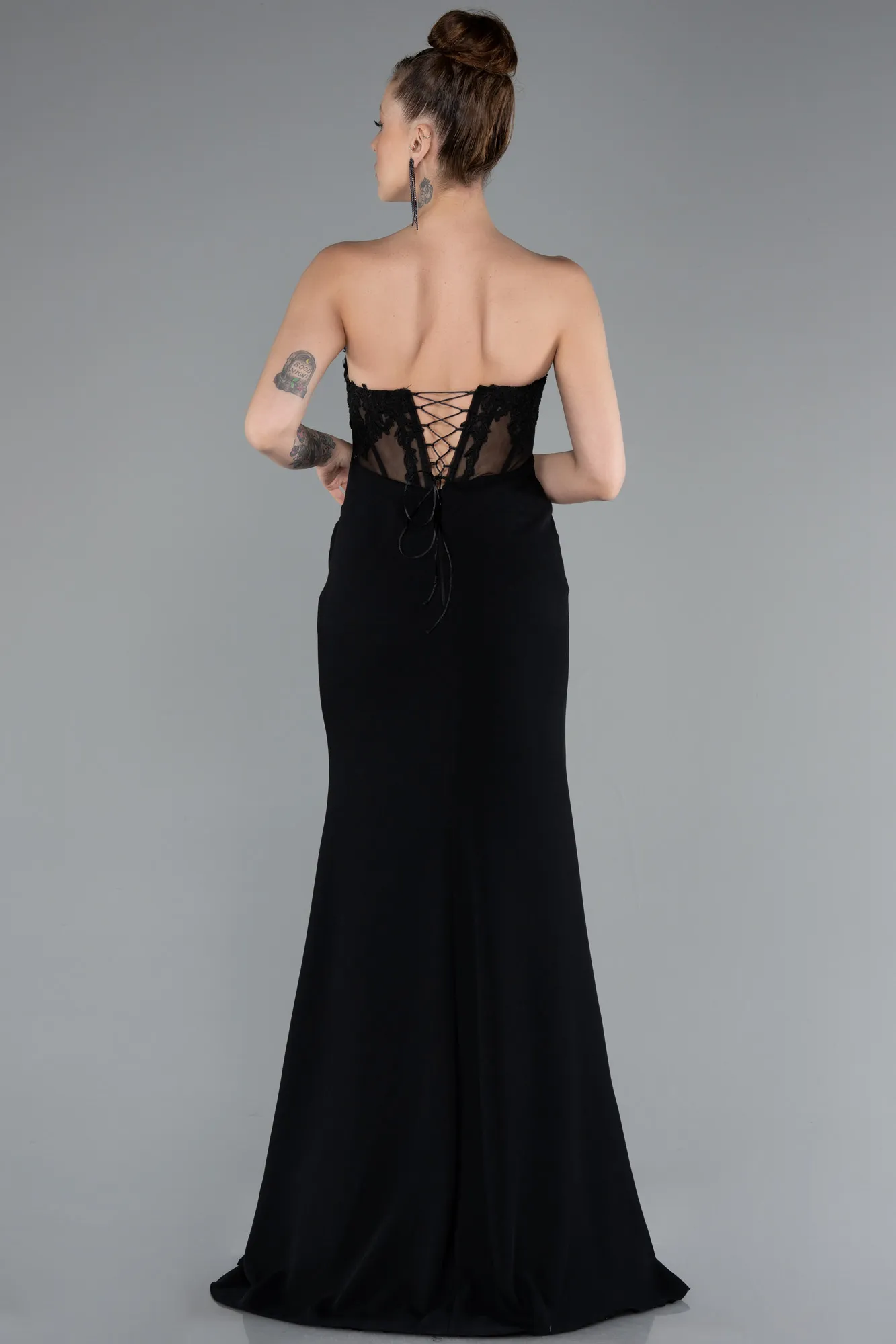 Black-Strapless Lace Appliqued Slit Long Evening Gown ABU5001
