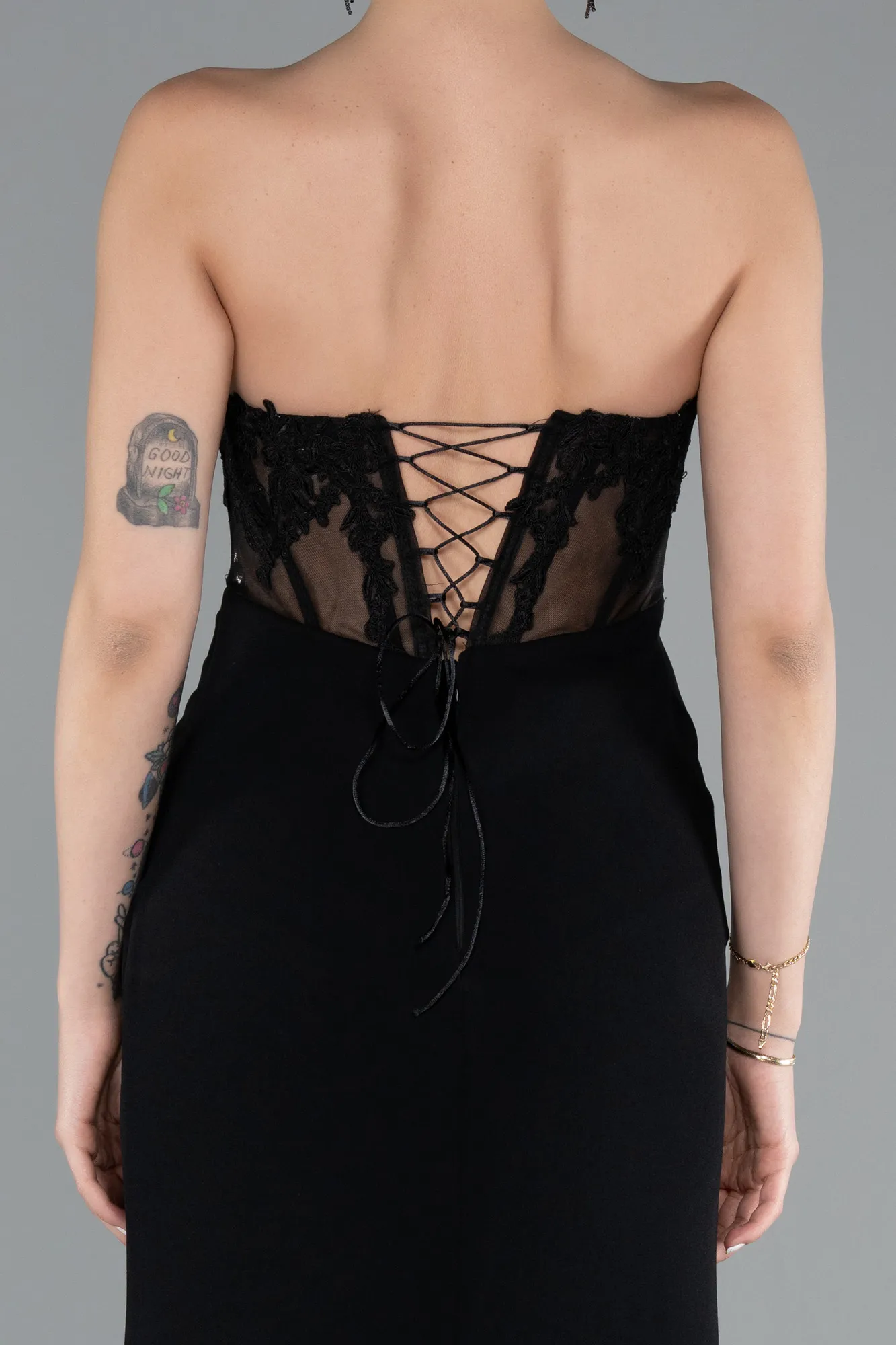 Black-Strapless Lace Appliqued Slit Long Evening Gown ABU5001