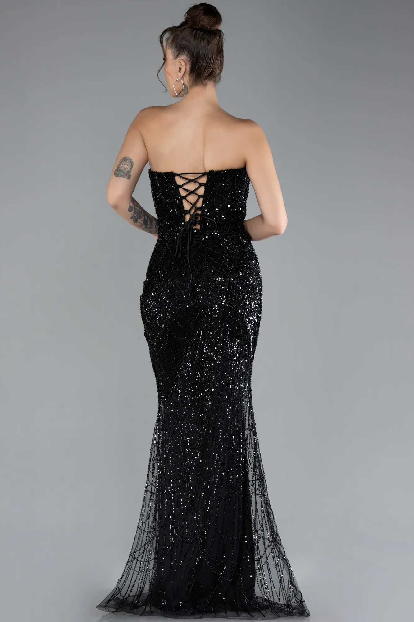 Black-Strapless Long Beaded Fishtail Evening Gown ABU4382