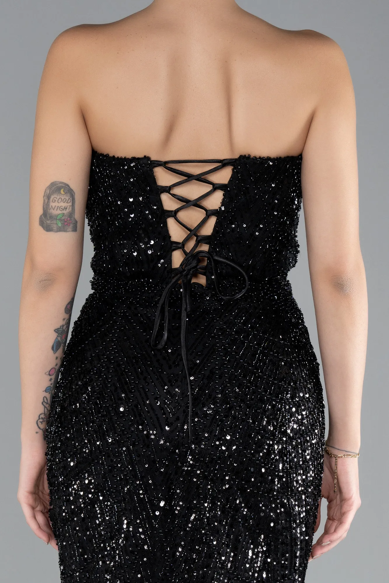 Black-Strapless Long Beaded Fishtail Evening Gown ABU4382