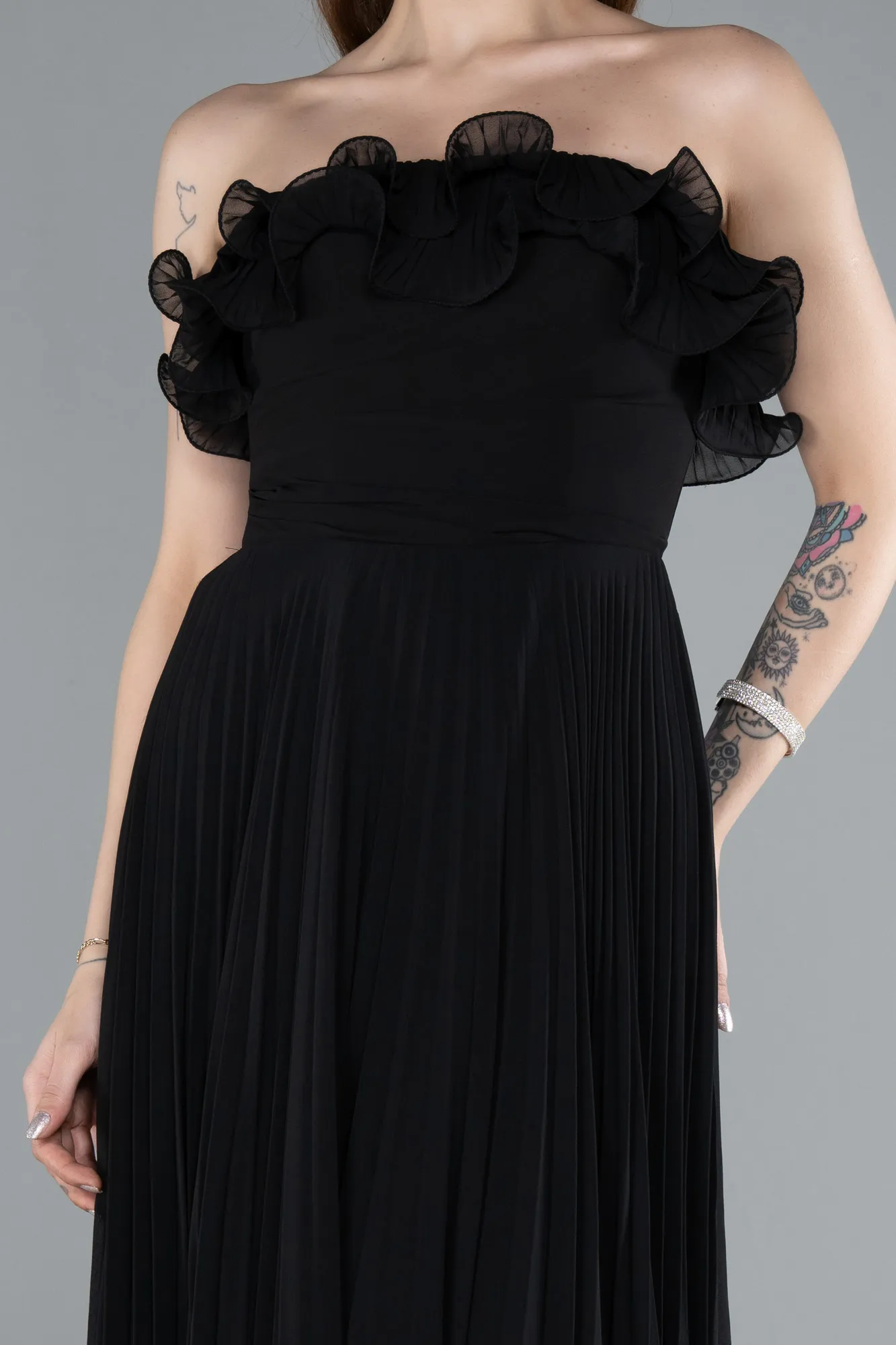 Black-Strapless Long Chiffon Prom Gown ABU4866