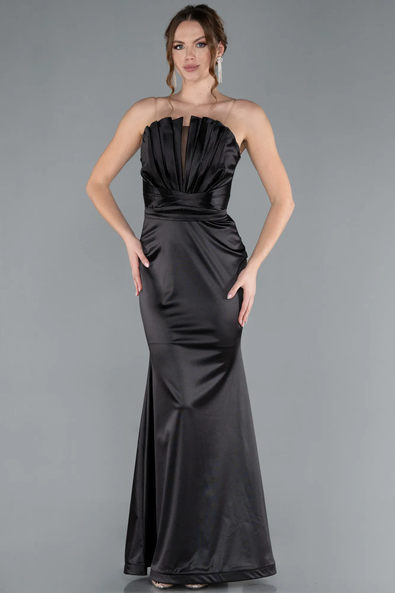Black-Strapless Long Satin Mermaid Evening Dress ABU4770