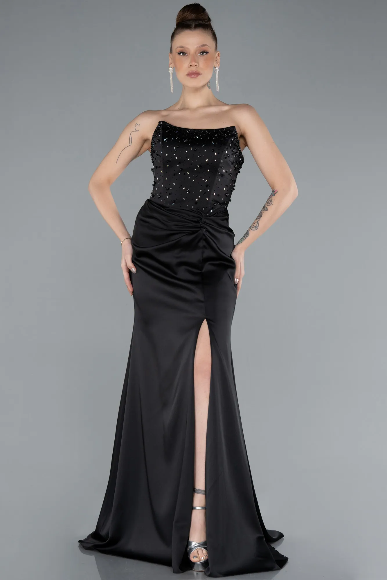 Black-Strapless Long Satin Mermaid Prom Dress ABU4683