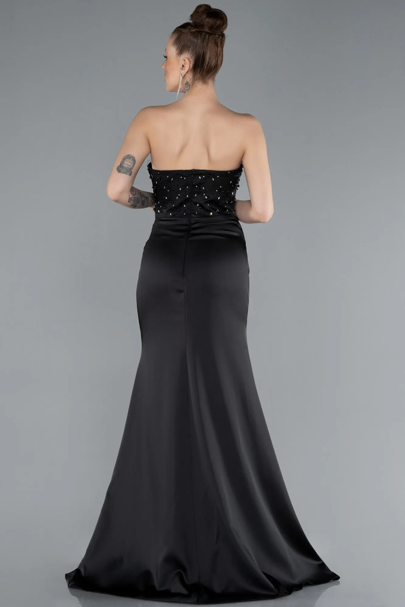 Black-Strapless Long Satin Mermaid Prom Dress ABU4683