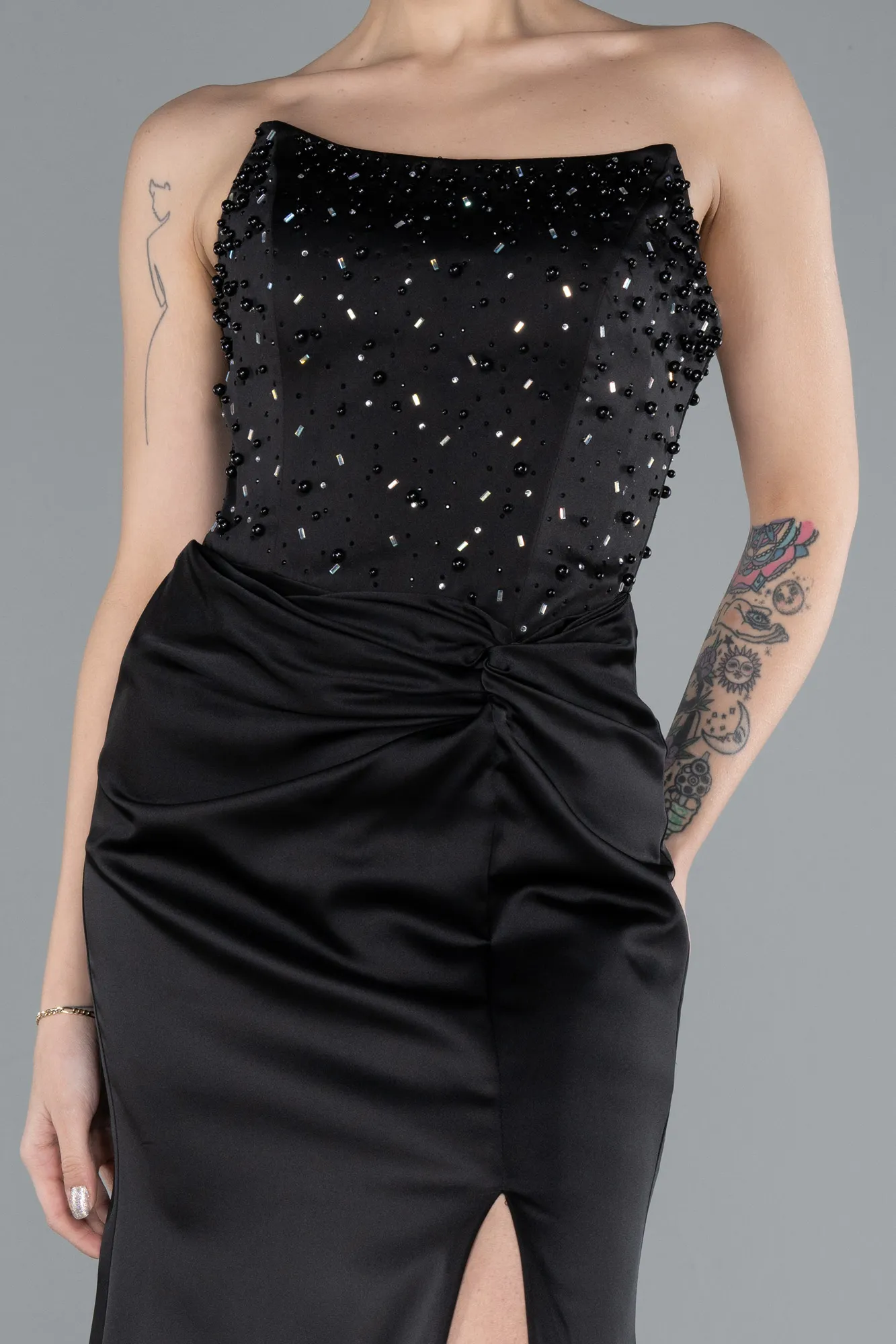 Black-Strapless Long Satin Mermaid Prom Dress ABU4683