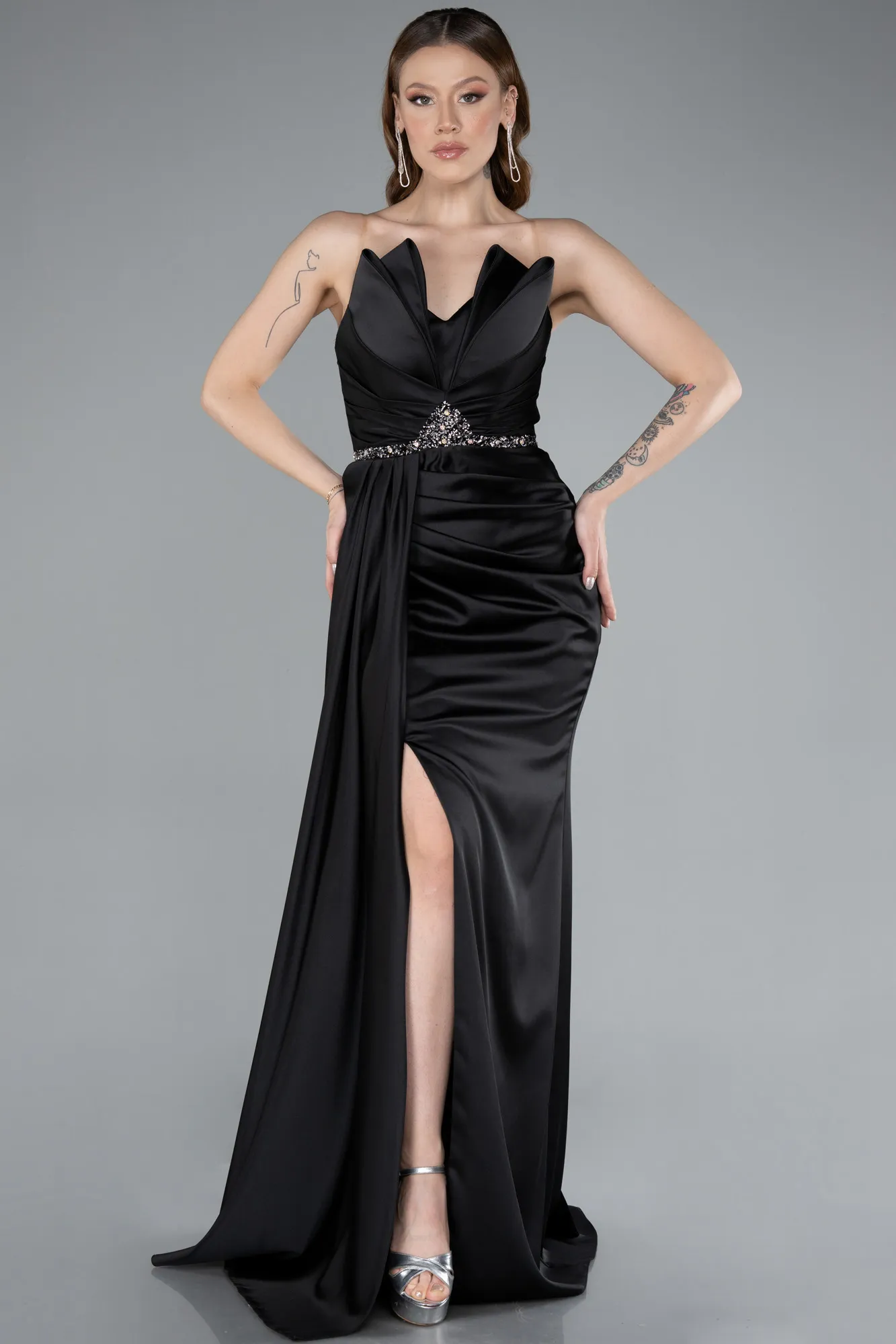 Black-Strapless Long Satin Mermaid Prom Dress ABU4840