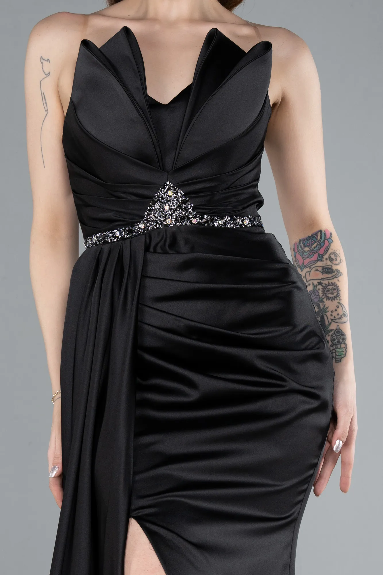 Black-Strapless Long Satin Mermaid Prom Dress ABU4840