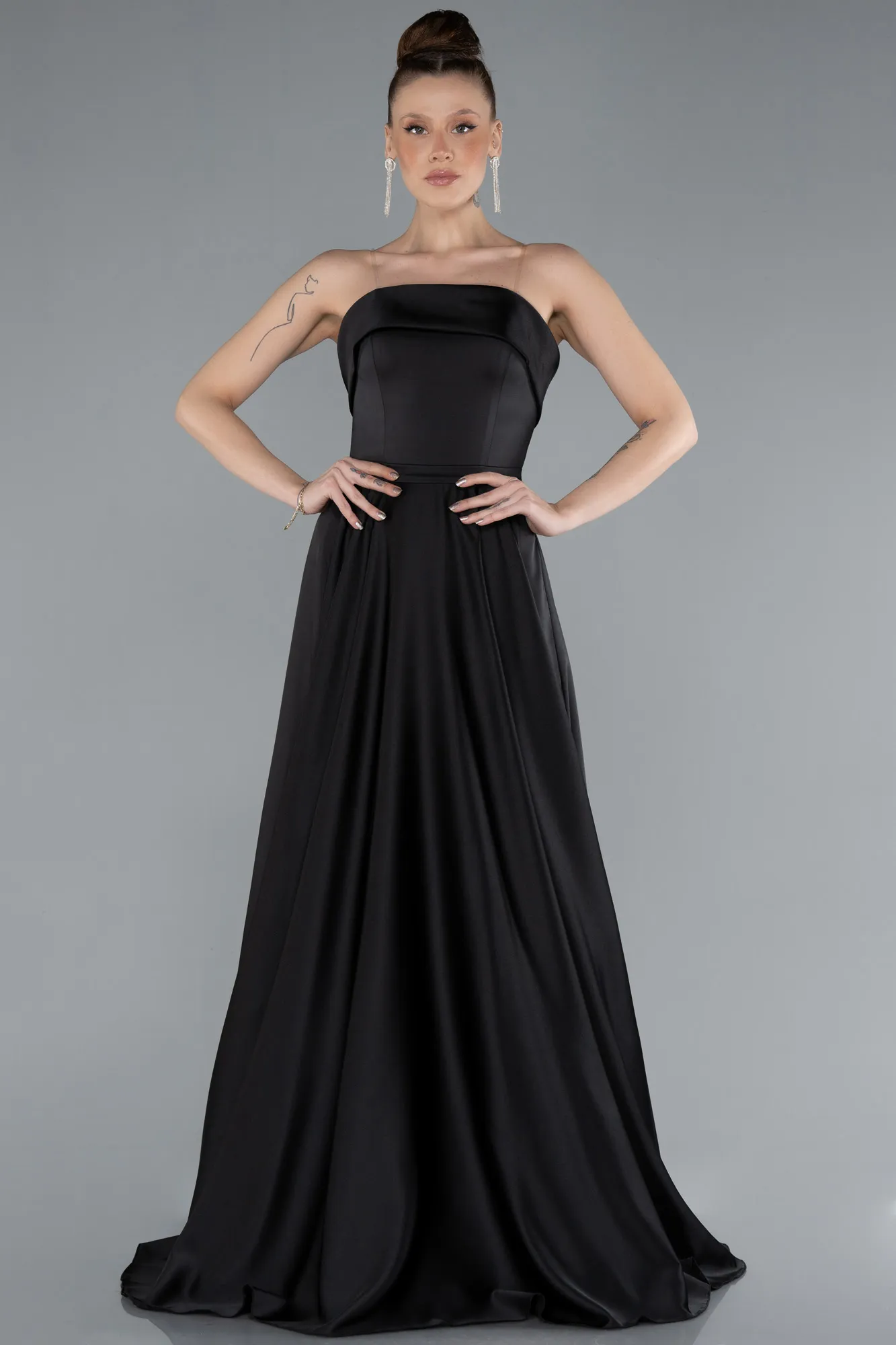 Black-Strapless Long Satin Prom Dress ABU4685