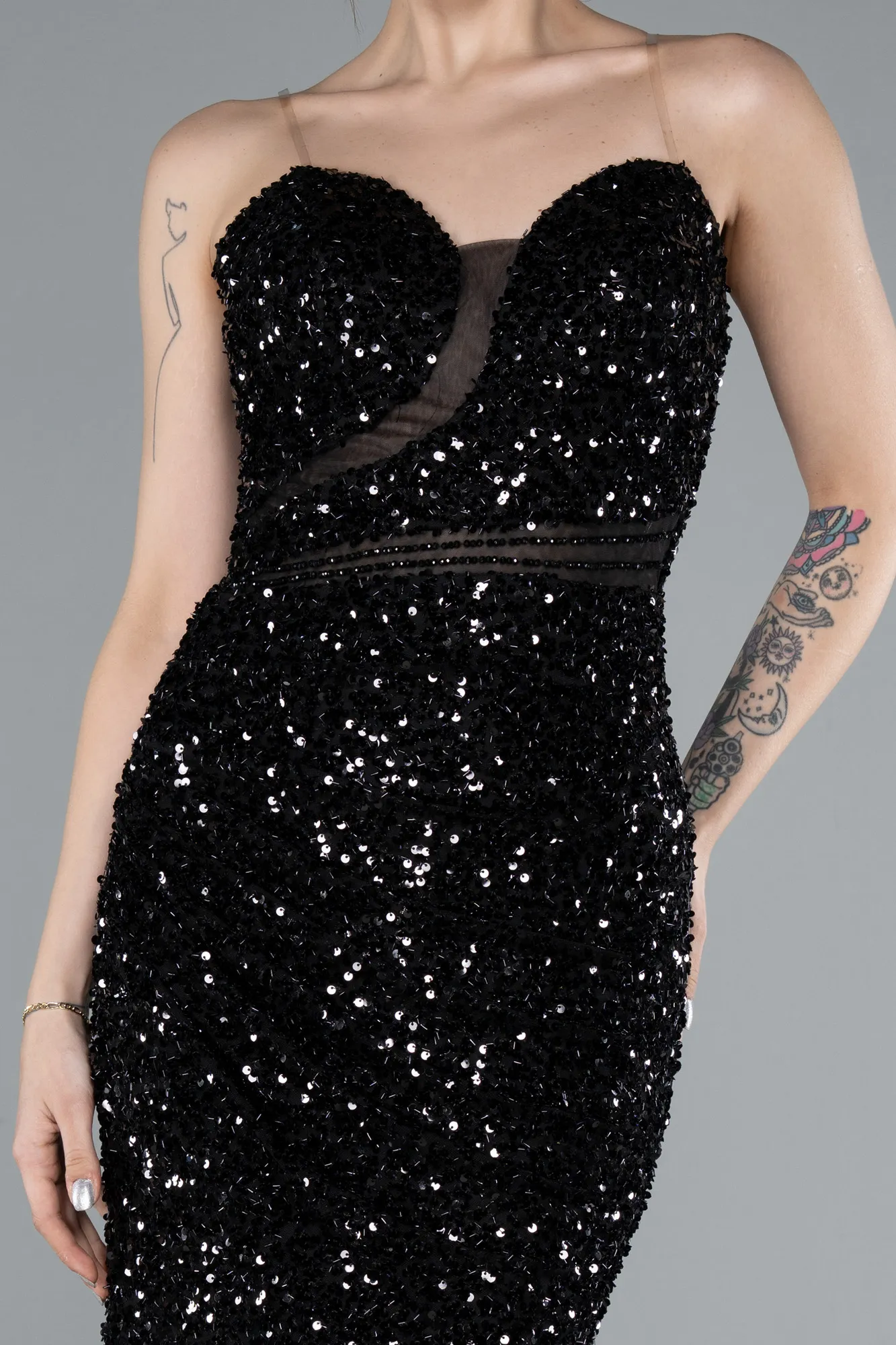 Black-Strapless Long Scaly Mermaid Evening Gown ABU4816