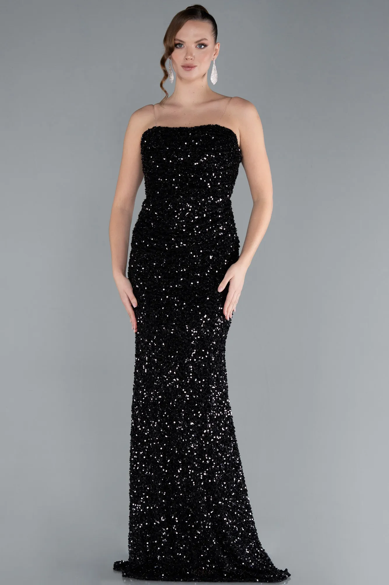 Black-Strapless Long Sequin Mermaid Evening Dress ABU4726