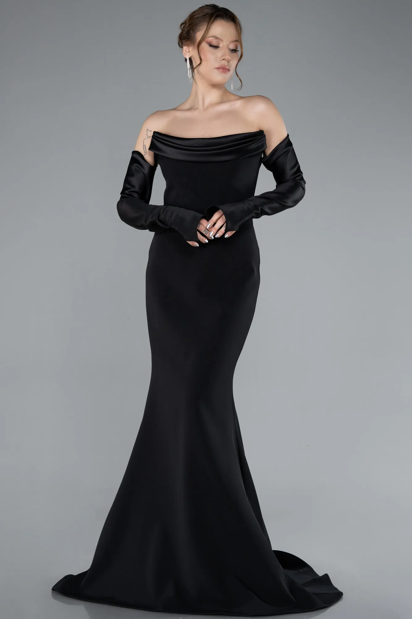Black-Strapless Long Sleeve Accessory Mermaid Evening Gown ABU4796
