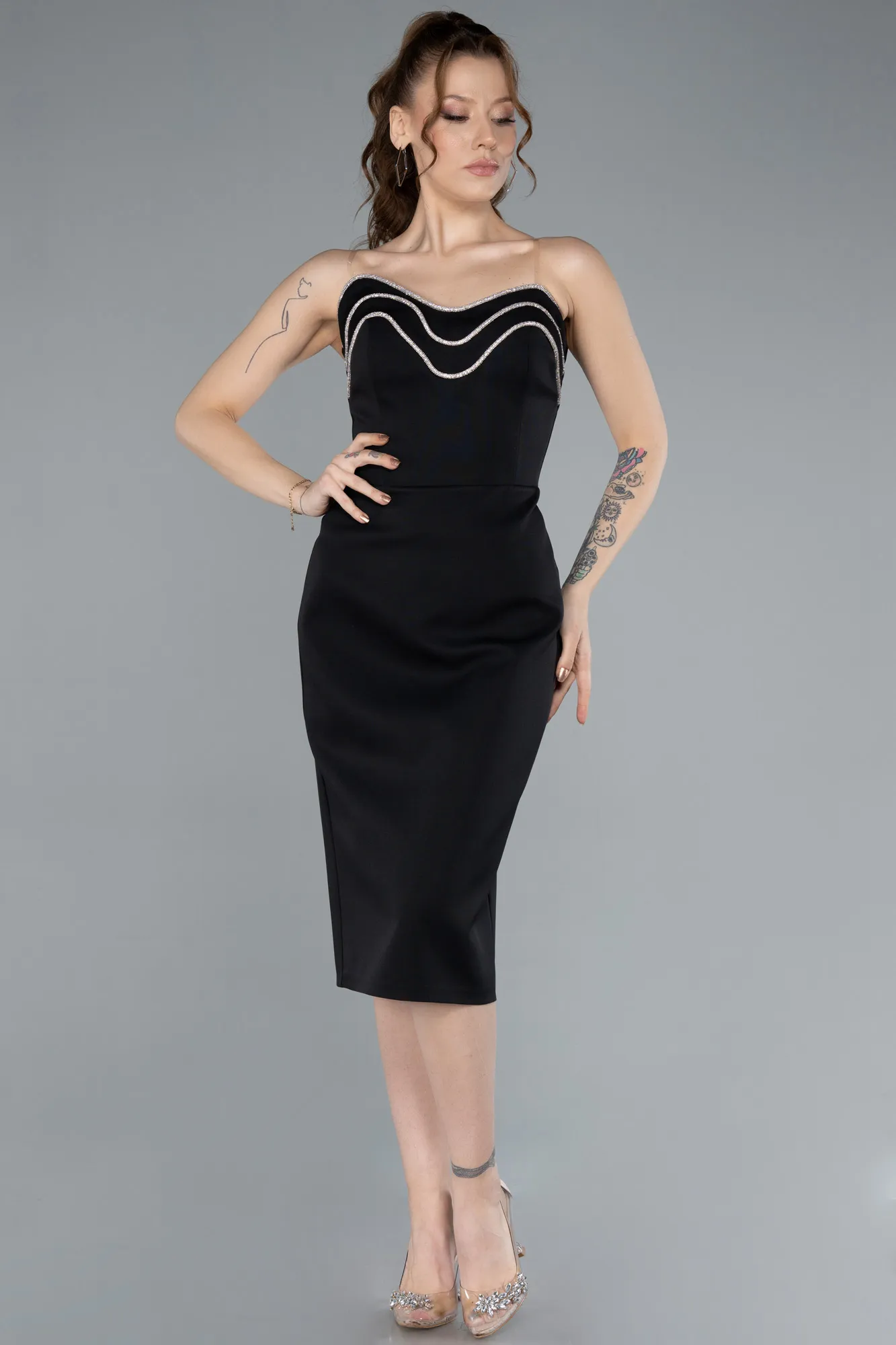 Black-Strapless Midi Cocktail Dress ABK2262