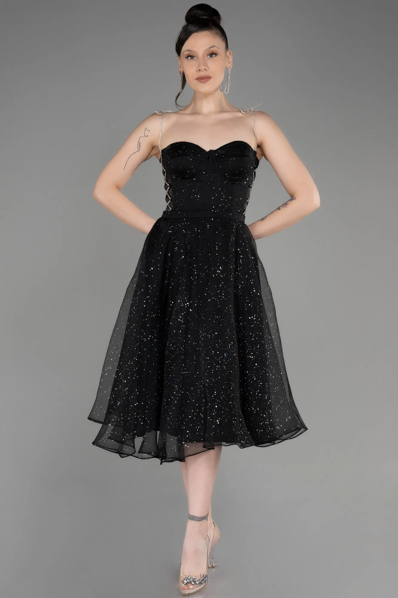 Black-Strapless Midi Glittery Cocktail Dress ABK2032