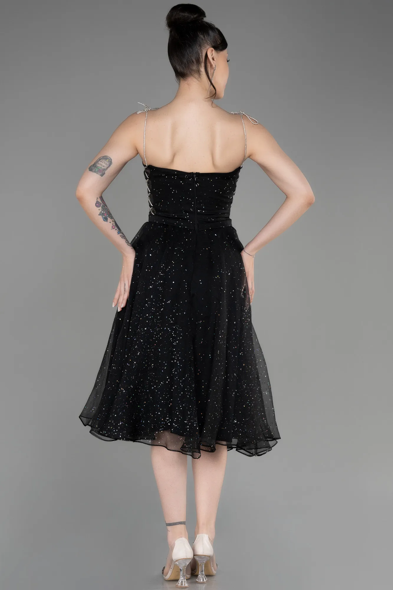 Black-Strapless Midi Glittery Cocktail Dress ABK2032