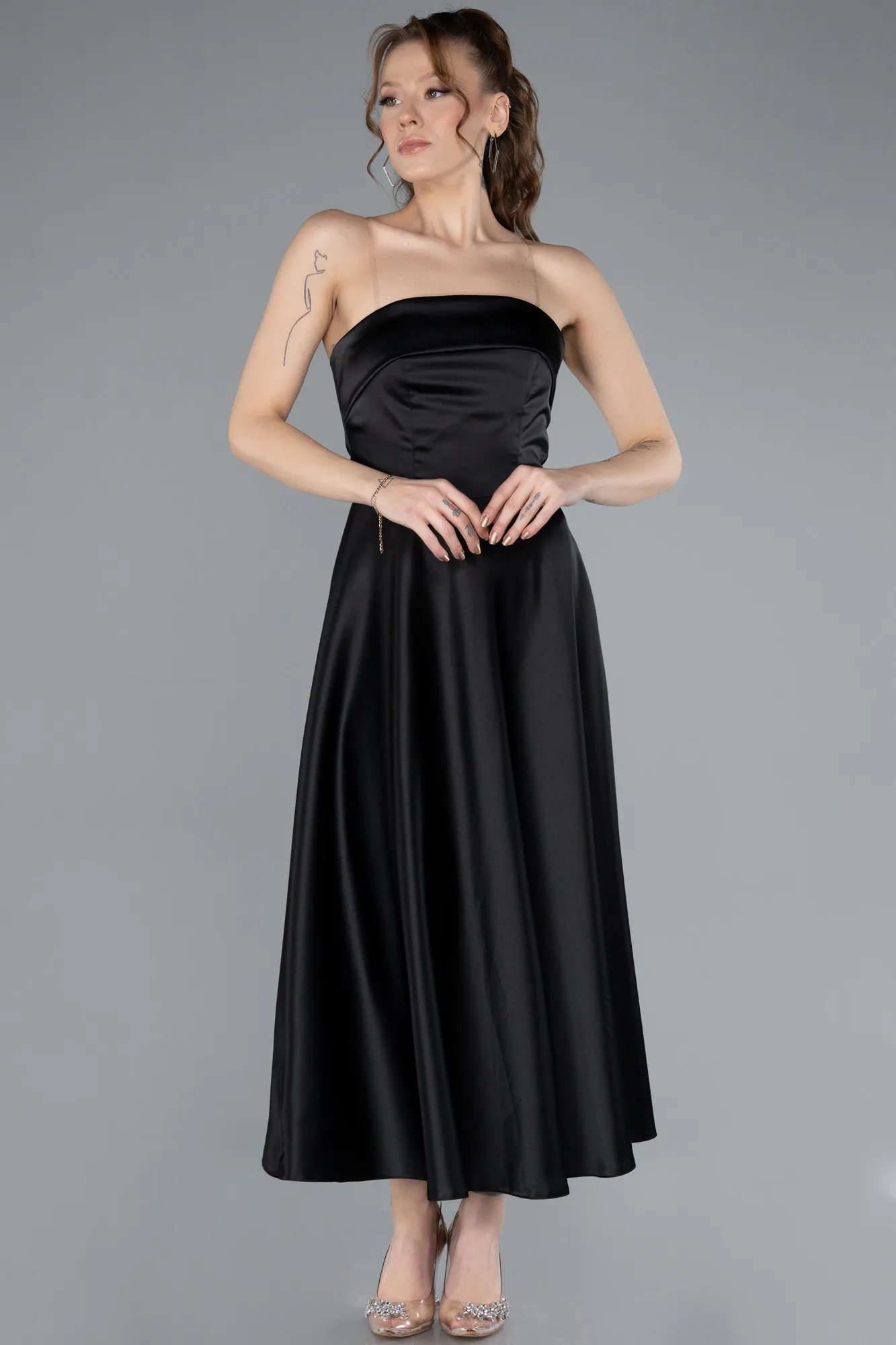 Black-Strapless Midi Satin Cocktail Dress ABK2275