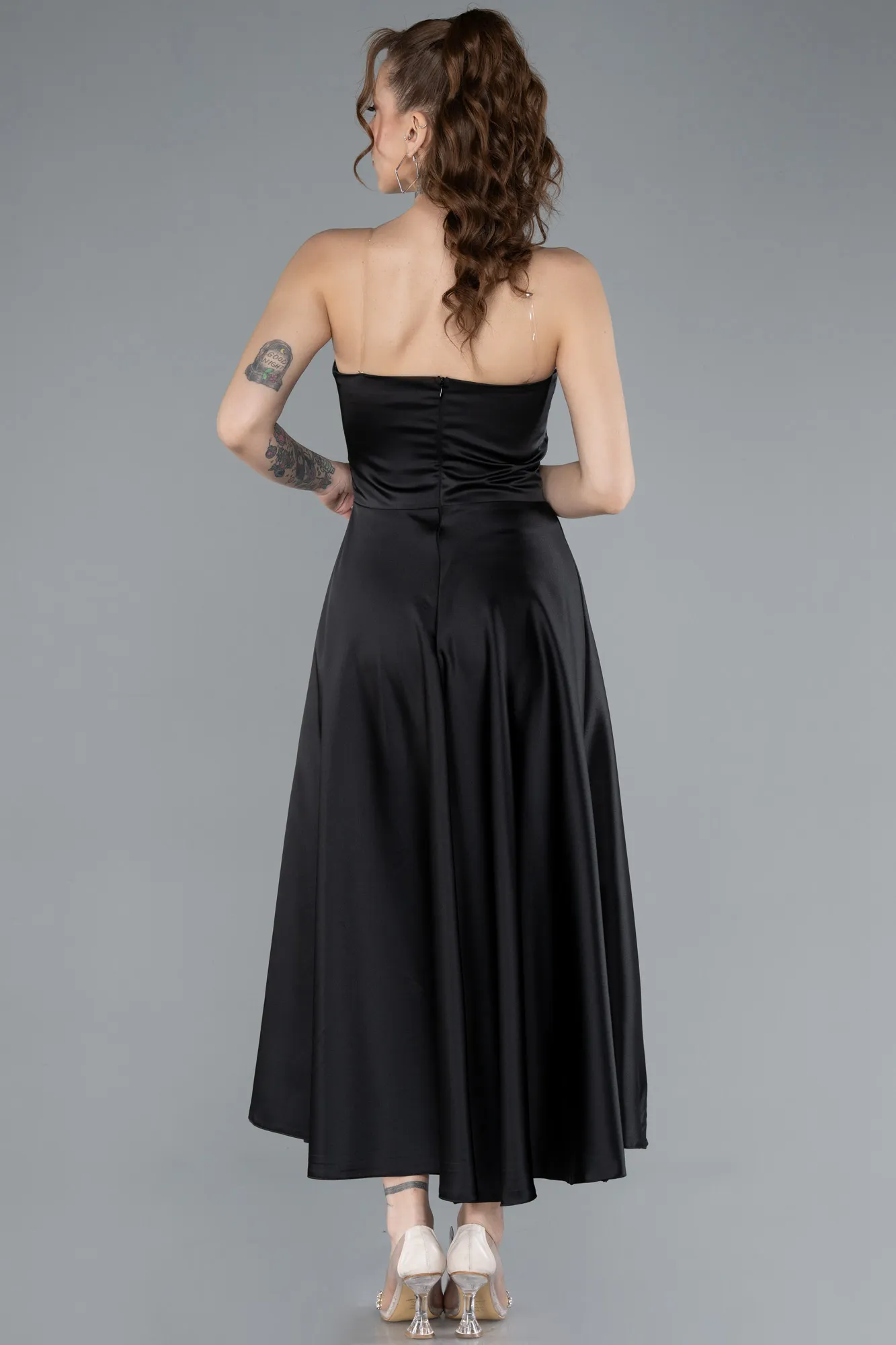 Black-Strapless Midi Satin Cocktail Dress ABK2275