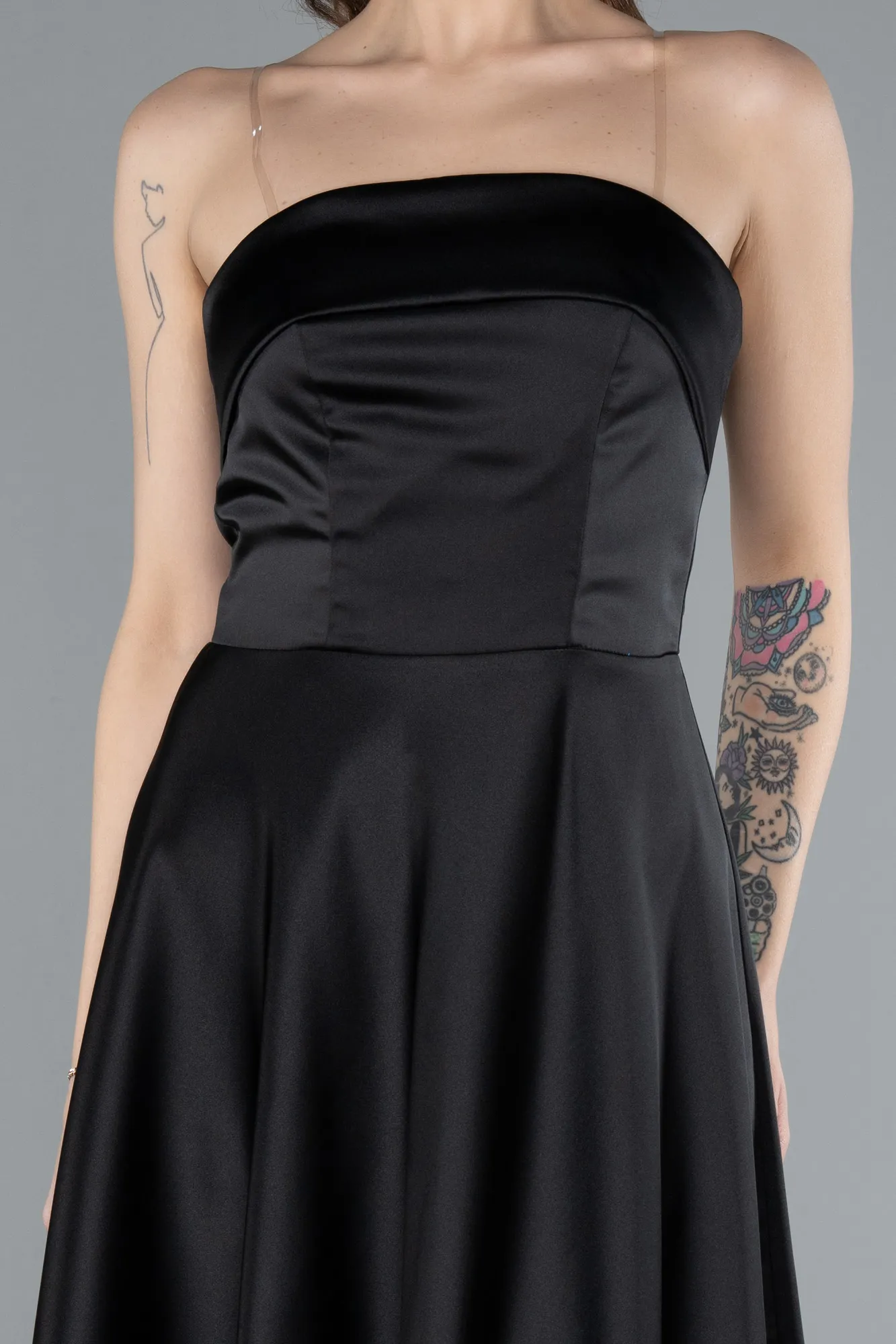 Black-Strapless Midi Satin Cocktail Dress ABK2275