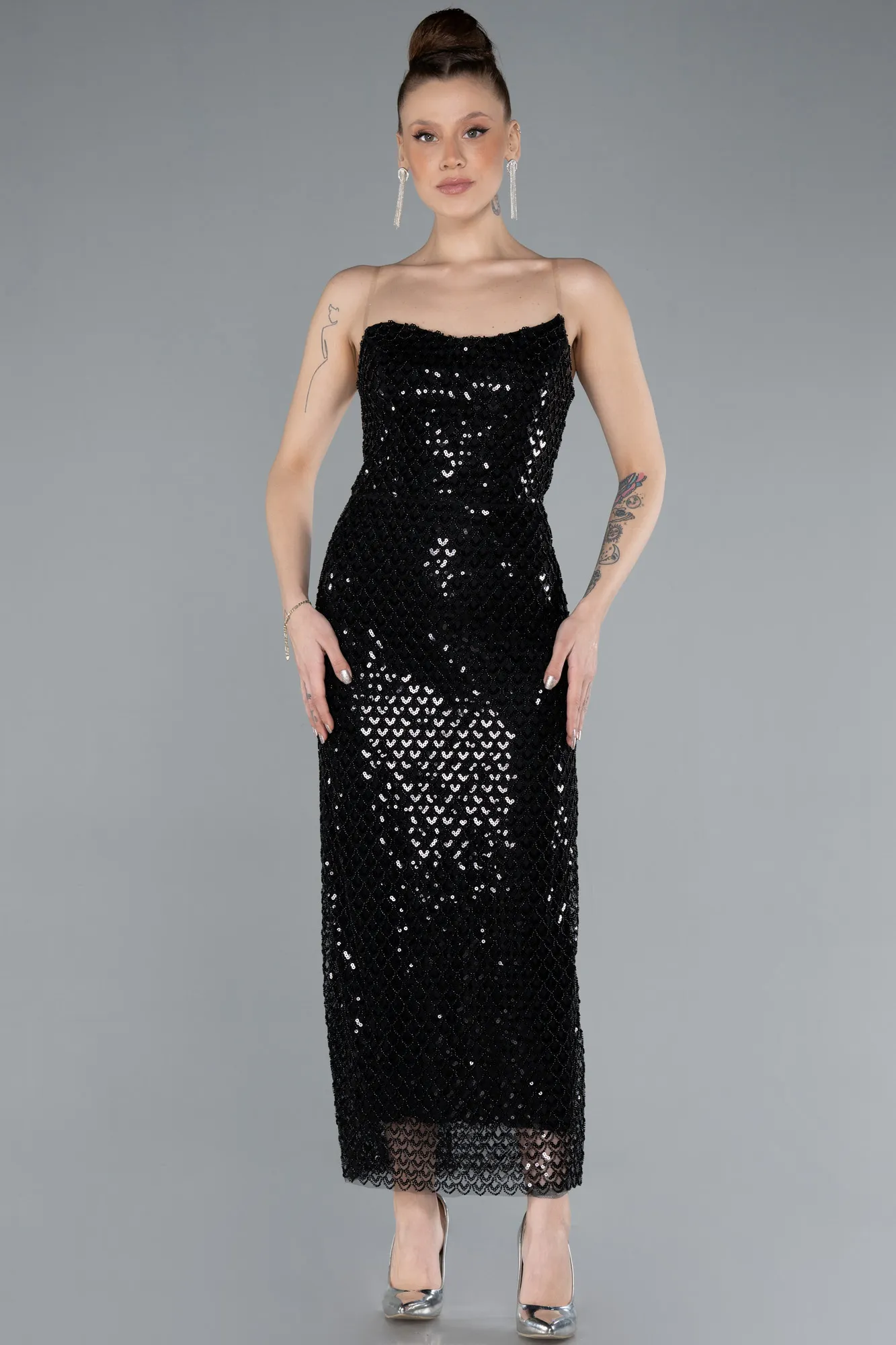 Black-Strapless Midi Sequined Cocktail Dress ABK2258