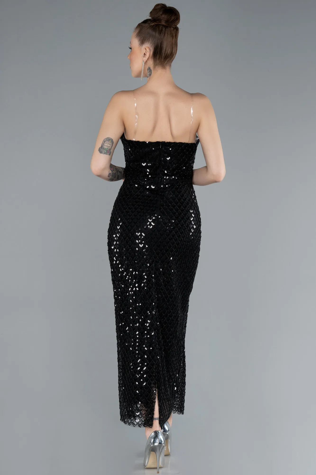 Black-Strapless Midi Sequined Cocktail Dress ABK2258