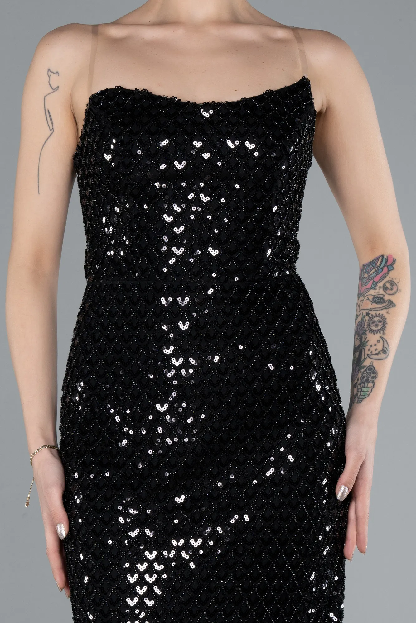 Black-Strapless Midi Sequined Cocktail Dress ABK2258