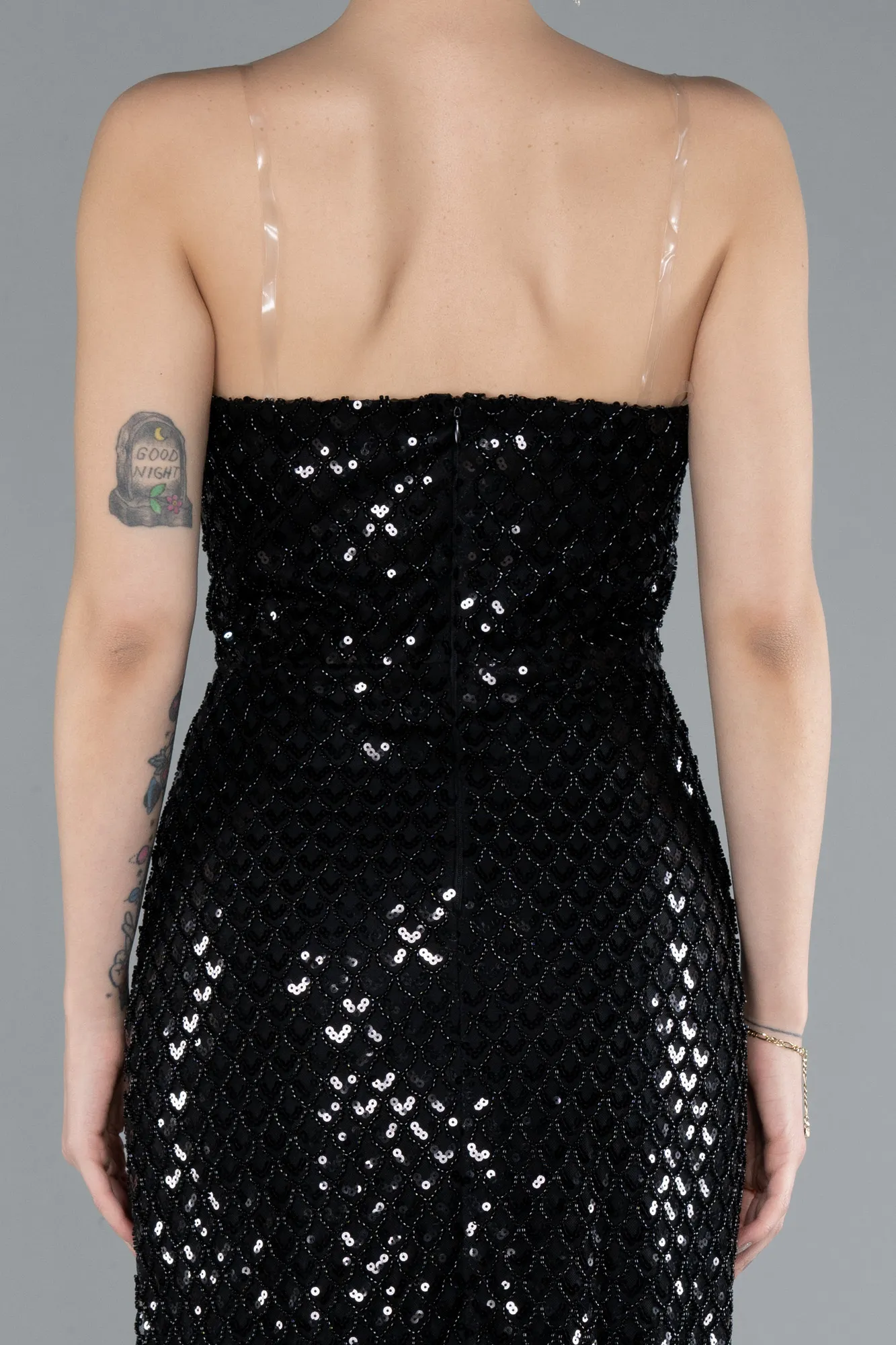 Black-Strapless Midi Sequined Cocktail Dress ABK2258
