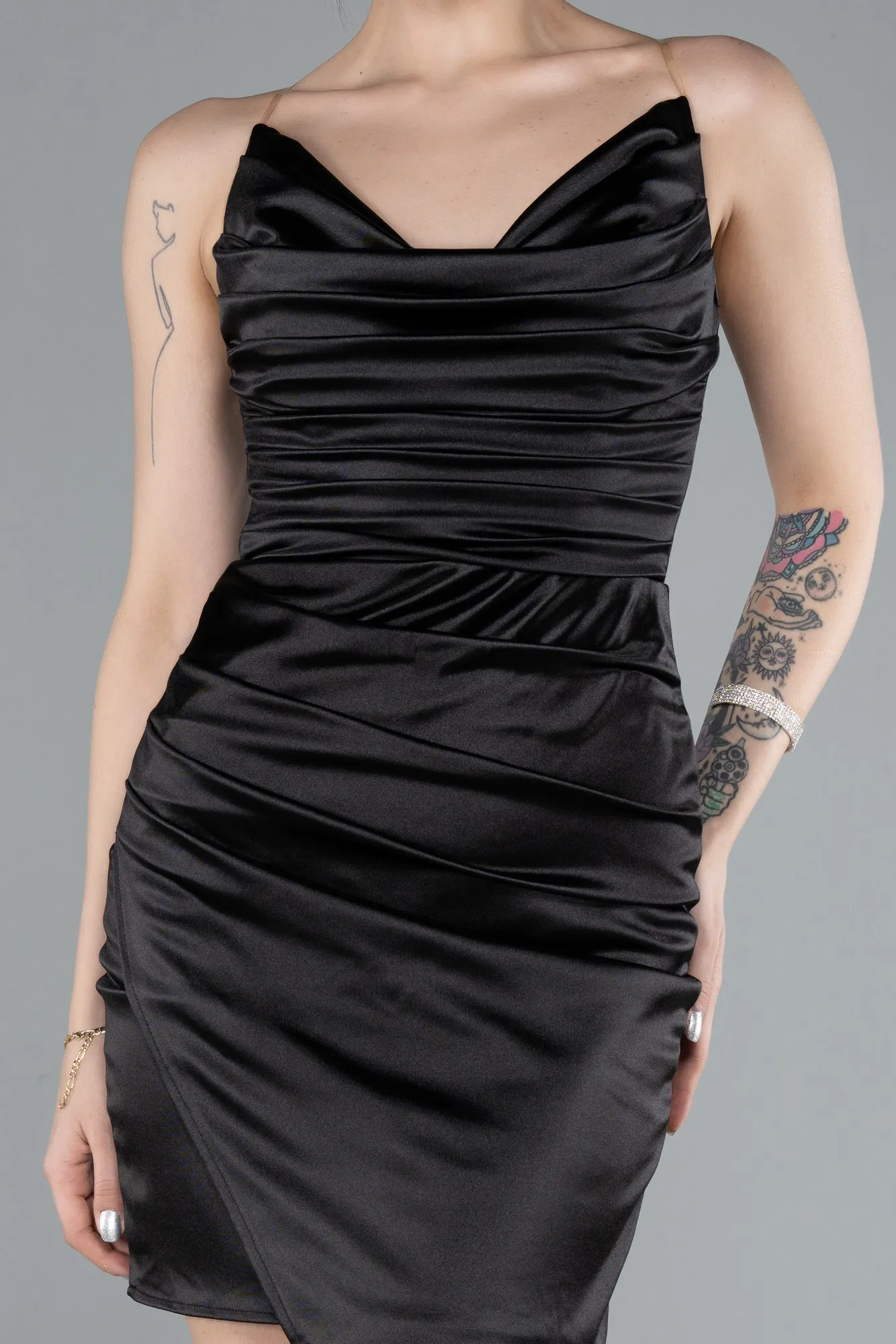 Black-Strapless Neck Mini Satin Party Dress ABK2289