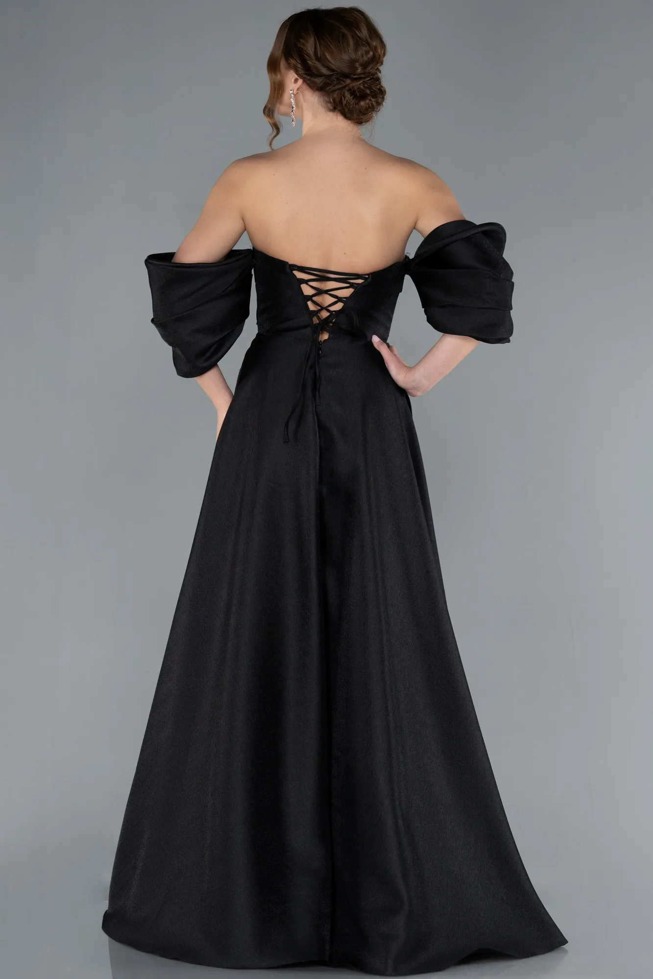 Black-Strapless Puff Sleeves Long Taffeta Prom Dress ABU4783