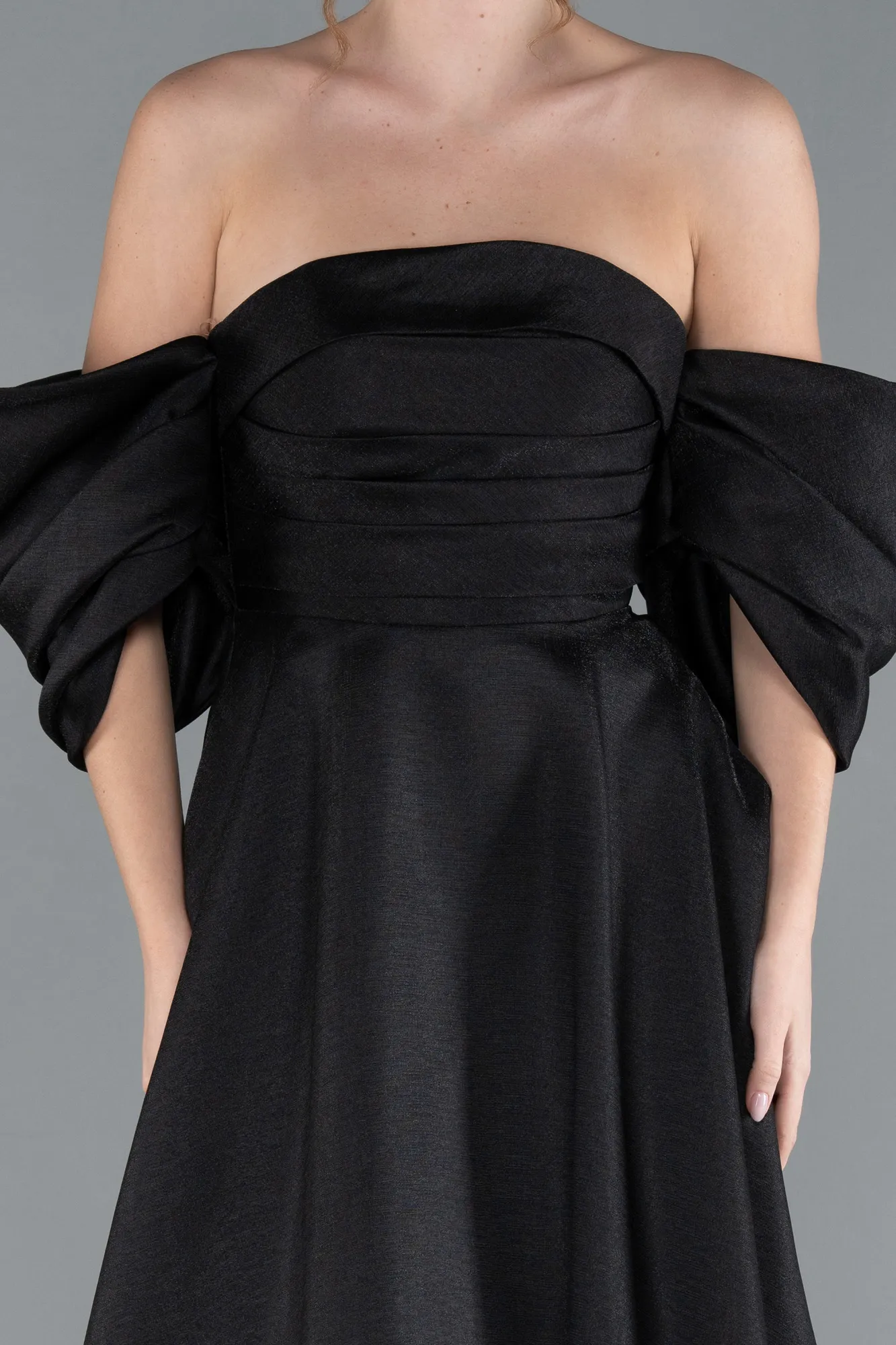 Black-Strapless Puff Sleeves Long Taffeta Prom Dress ABU4783