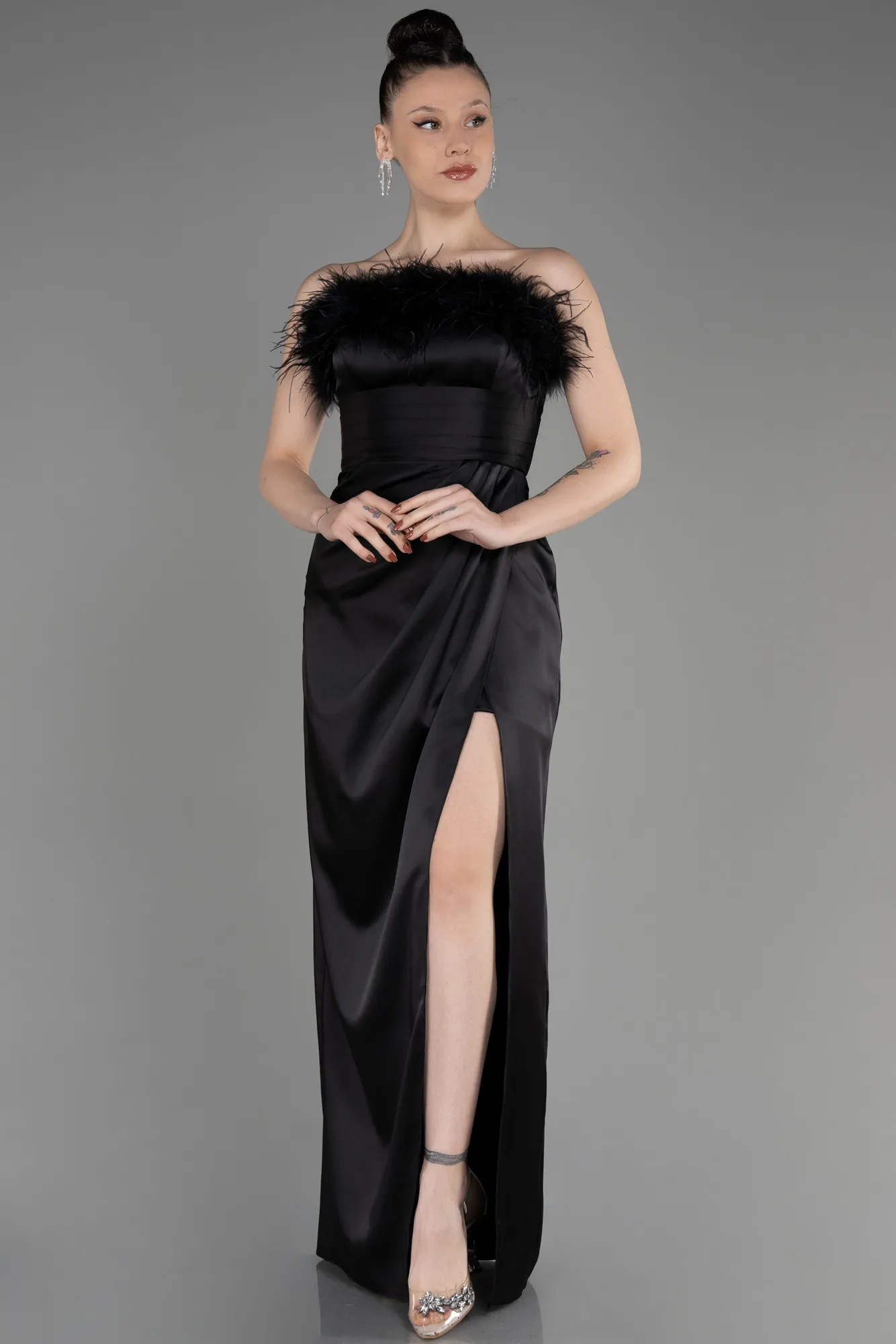 Black-Strapless Satin Long Evening Dress ABU3833