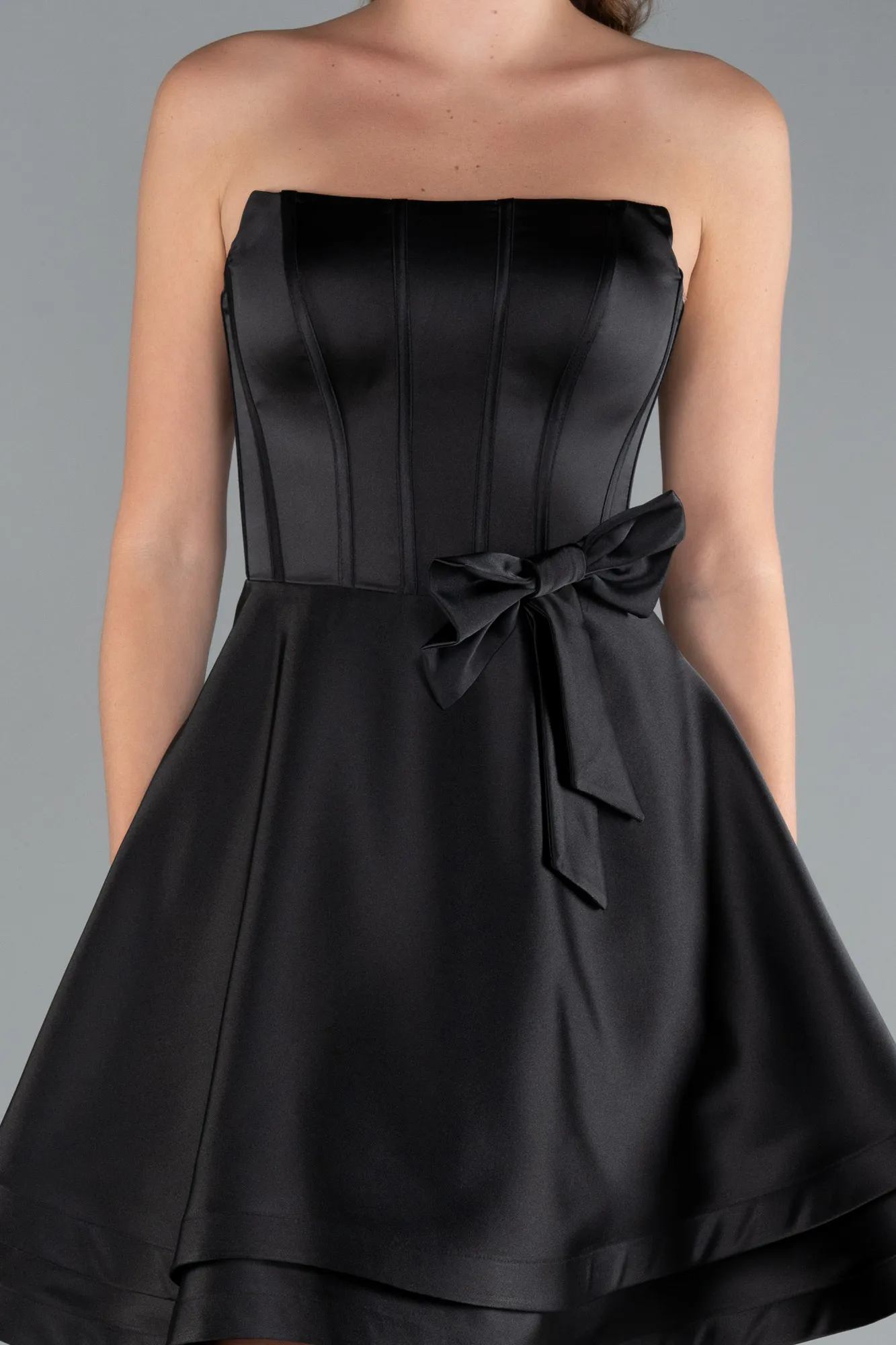Black-Strapless Satin Short Prom Dress ABK2310